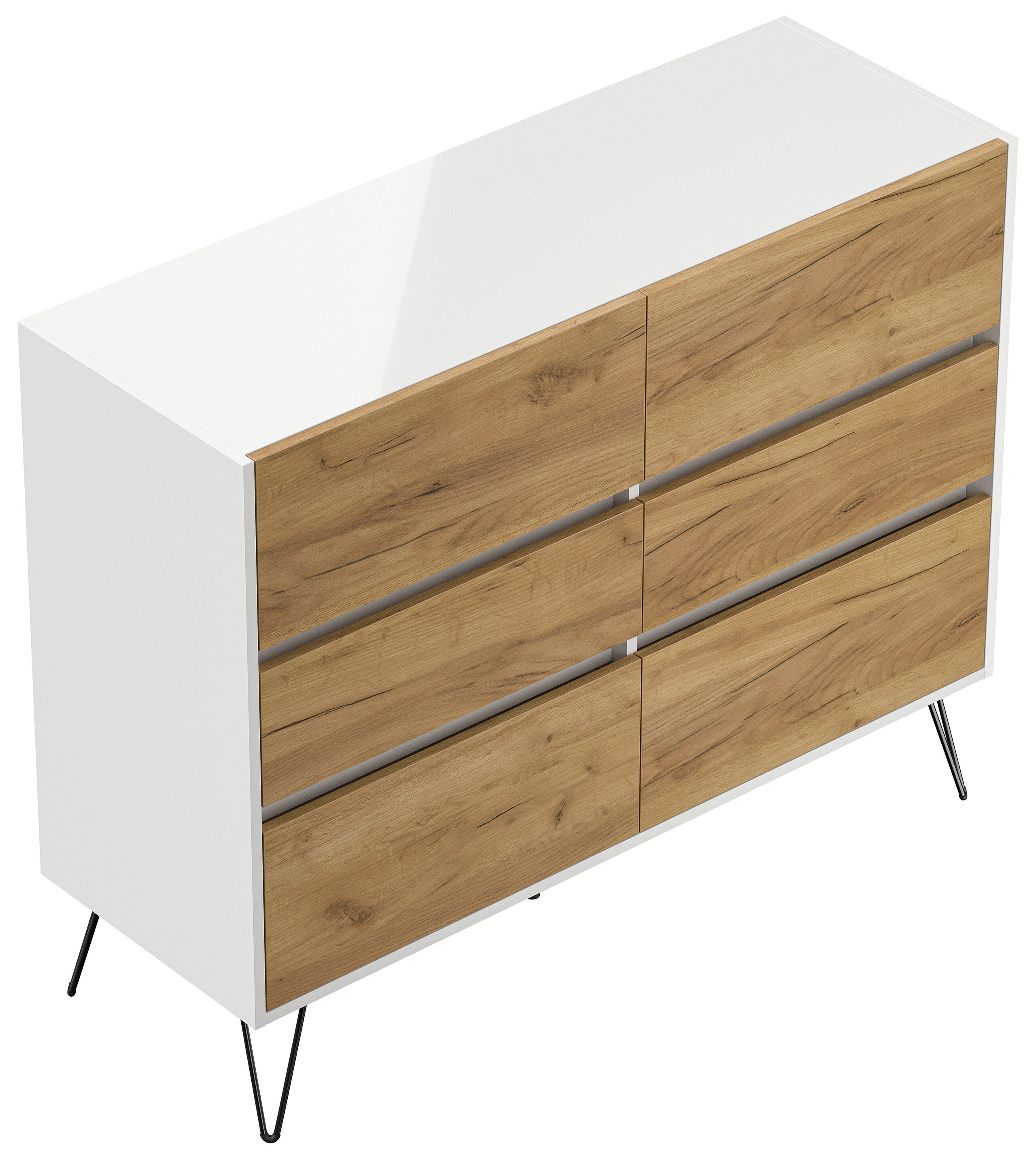Sideboard Kommode Volo 120cm Greifraum 6 SoftClose Schubladen Weiß/Eiche Front