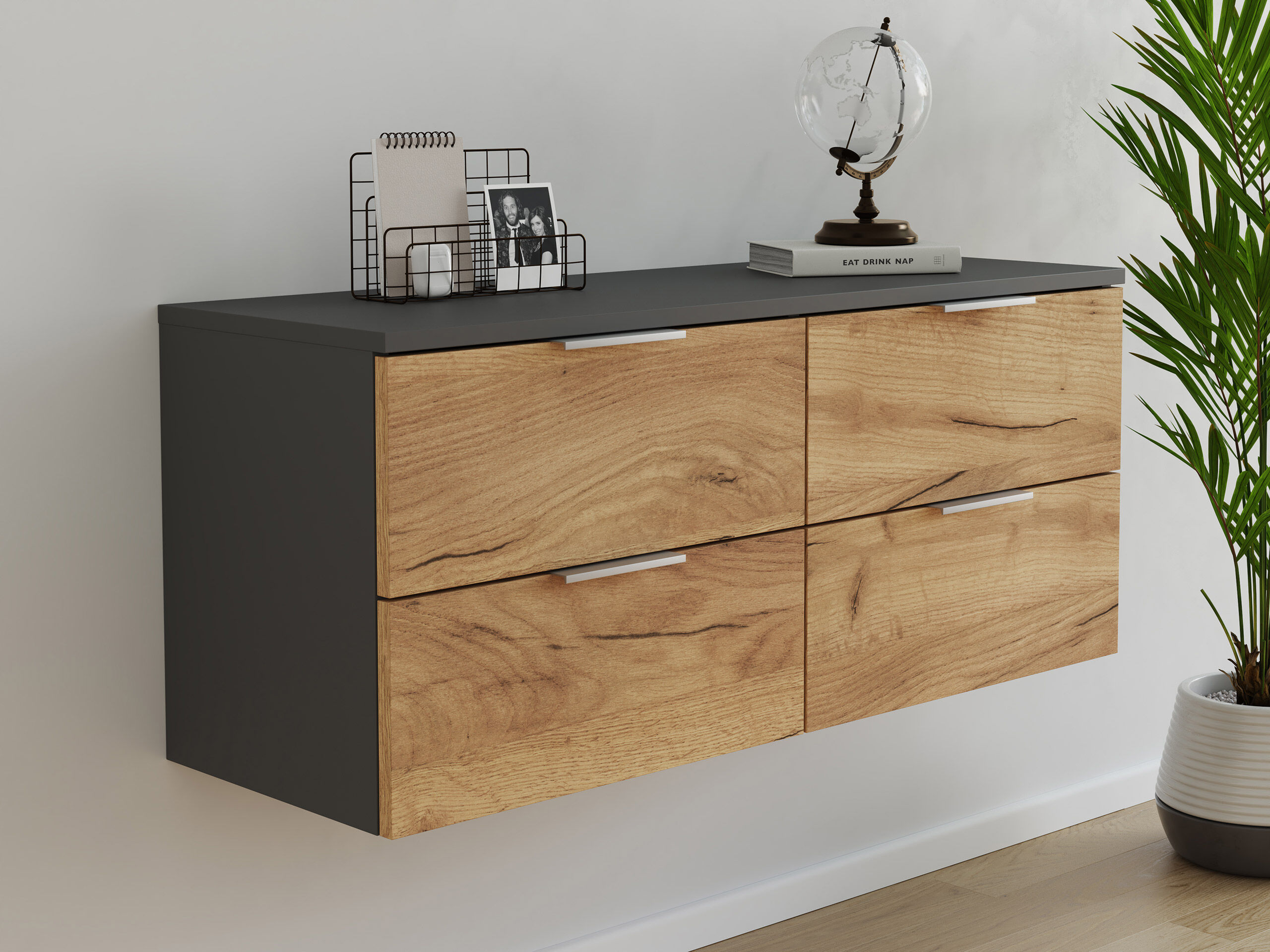 Design Hängekonsole Sideboard Urban Slimline 4 Softeinzüge lackiert Creme-Grafit