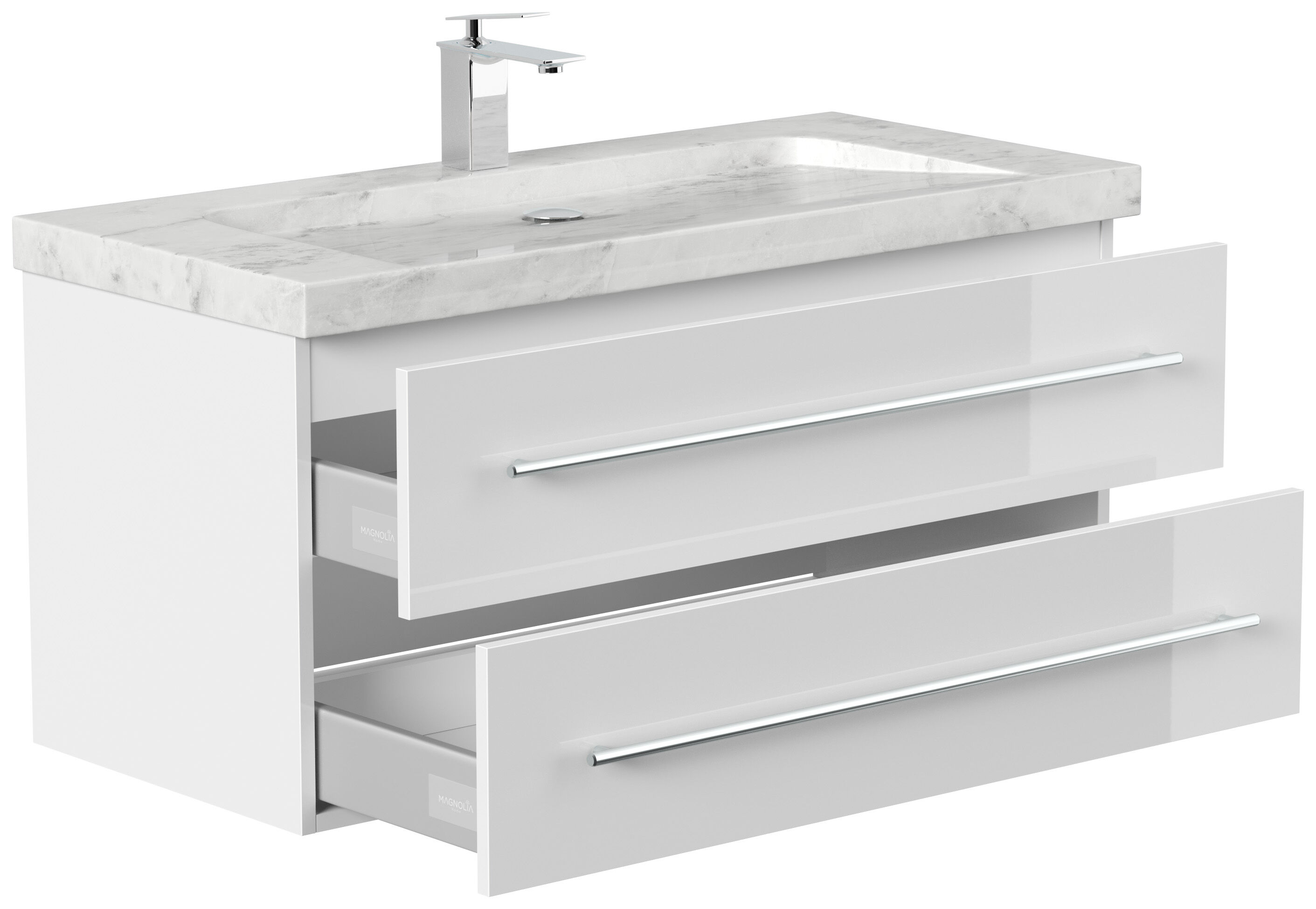 Badmöbel Marmor Carrara White Damo 100 cm 1 Hahnloch SoftClose weiß hochglanz