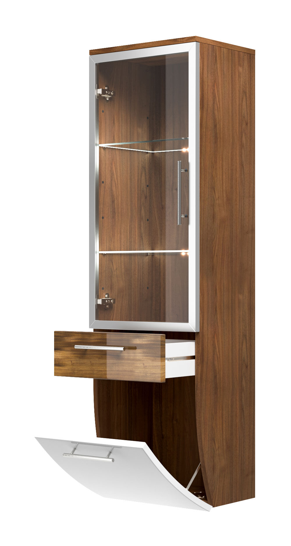 Hochschrank Salona 135 cm mit Glastür Weiss hochglanz/Walnuss hochglanz