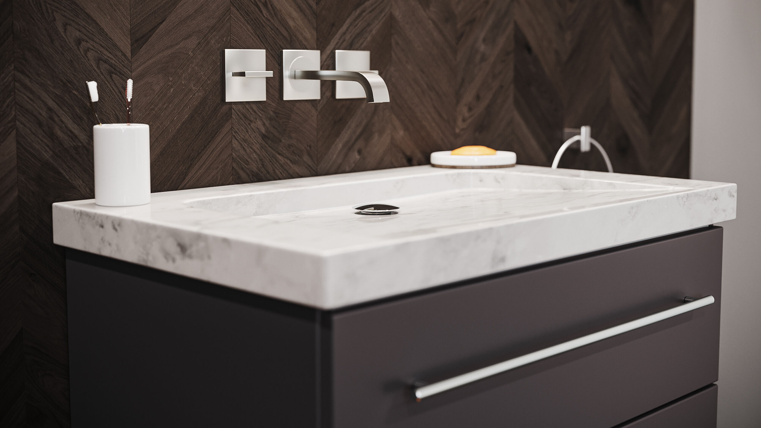 Badmöbel Granit Galaxy Black Damo 75 cm ohne Hahnloch anthrazit & Spiegel