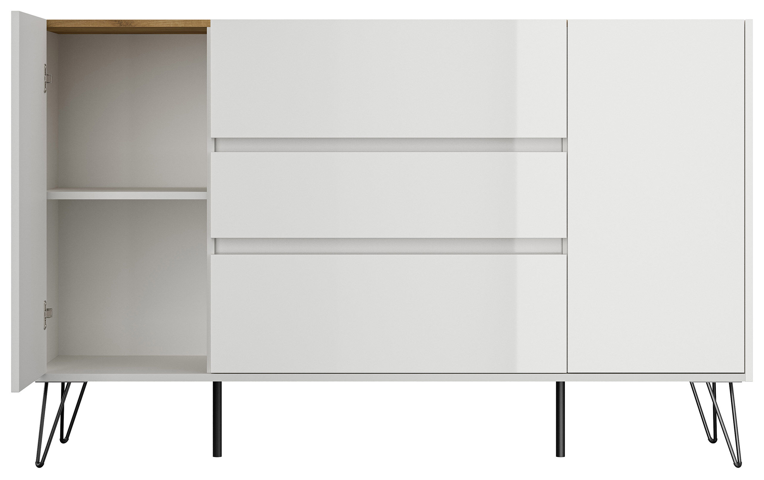 Sideboard Kommode Lovo 155cm Greifraum 3 SoftClose 2 Türen Weiß/Eiche Front