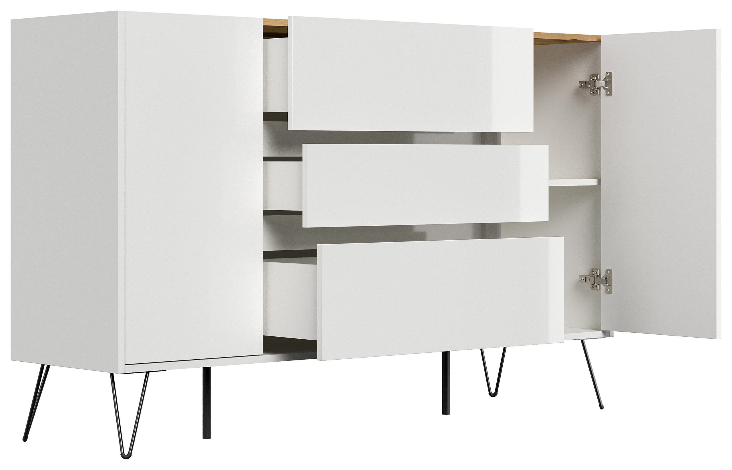 Sideboard Kommode Lovo 155cm Greifraum 3 SoftClose 2 Türen Weiß/Eiche Front