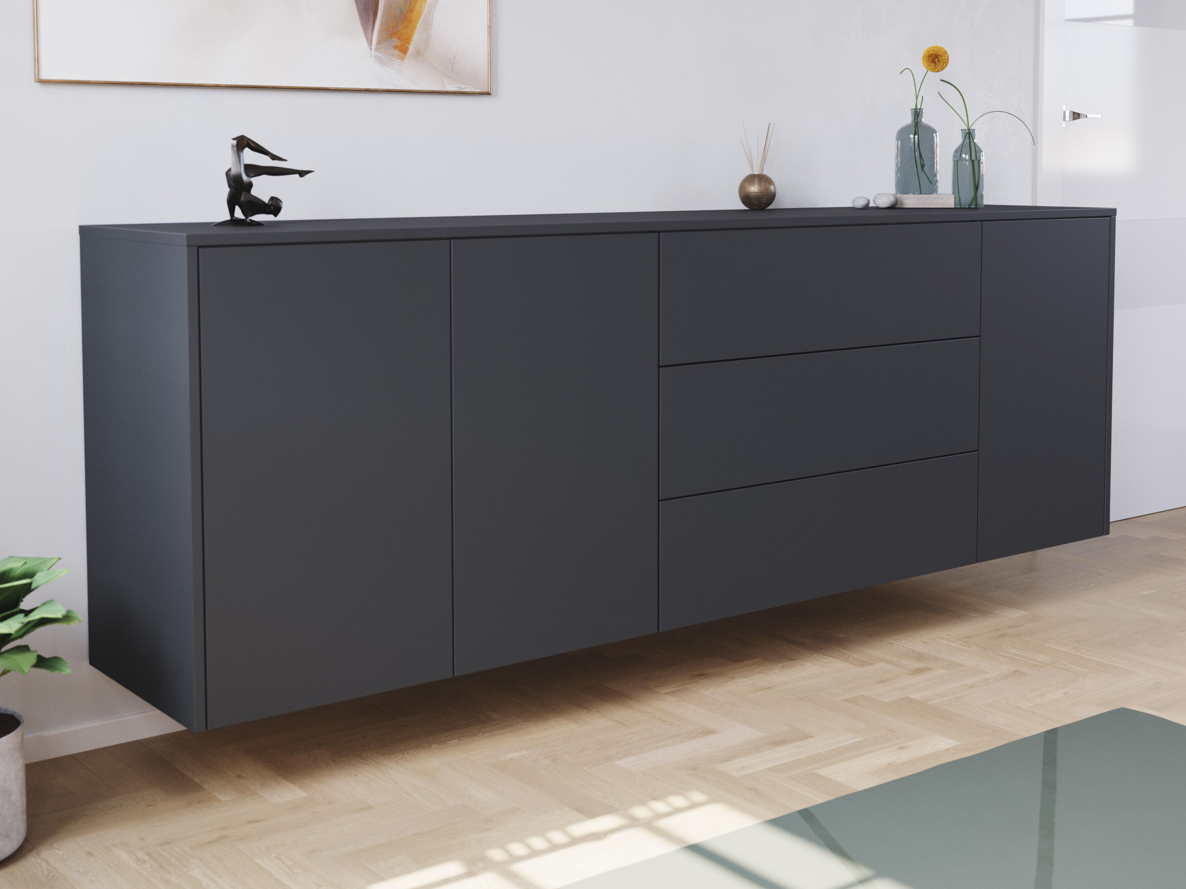 Sideboard Silia B hängend 200cm 3 Türen 3 Pushauszüge Grafit | Grafit
