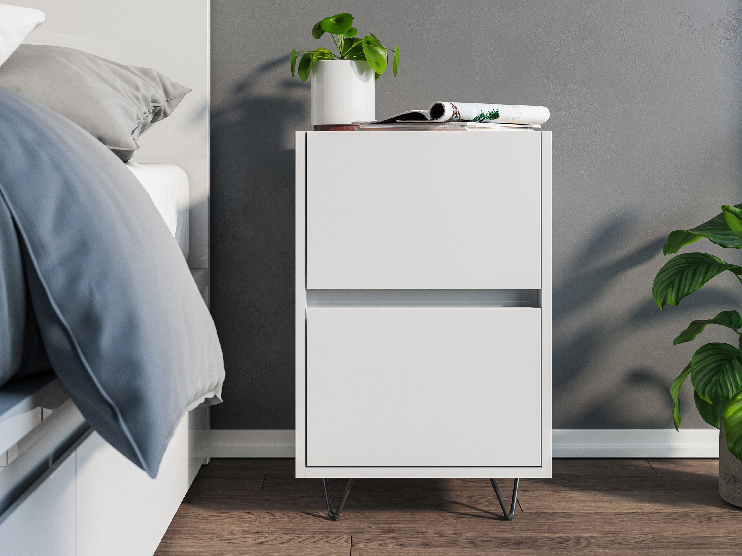 Nachttisch Yako 40cm 2 SoftClose stehend Weiß & Eiche Top