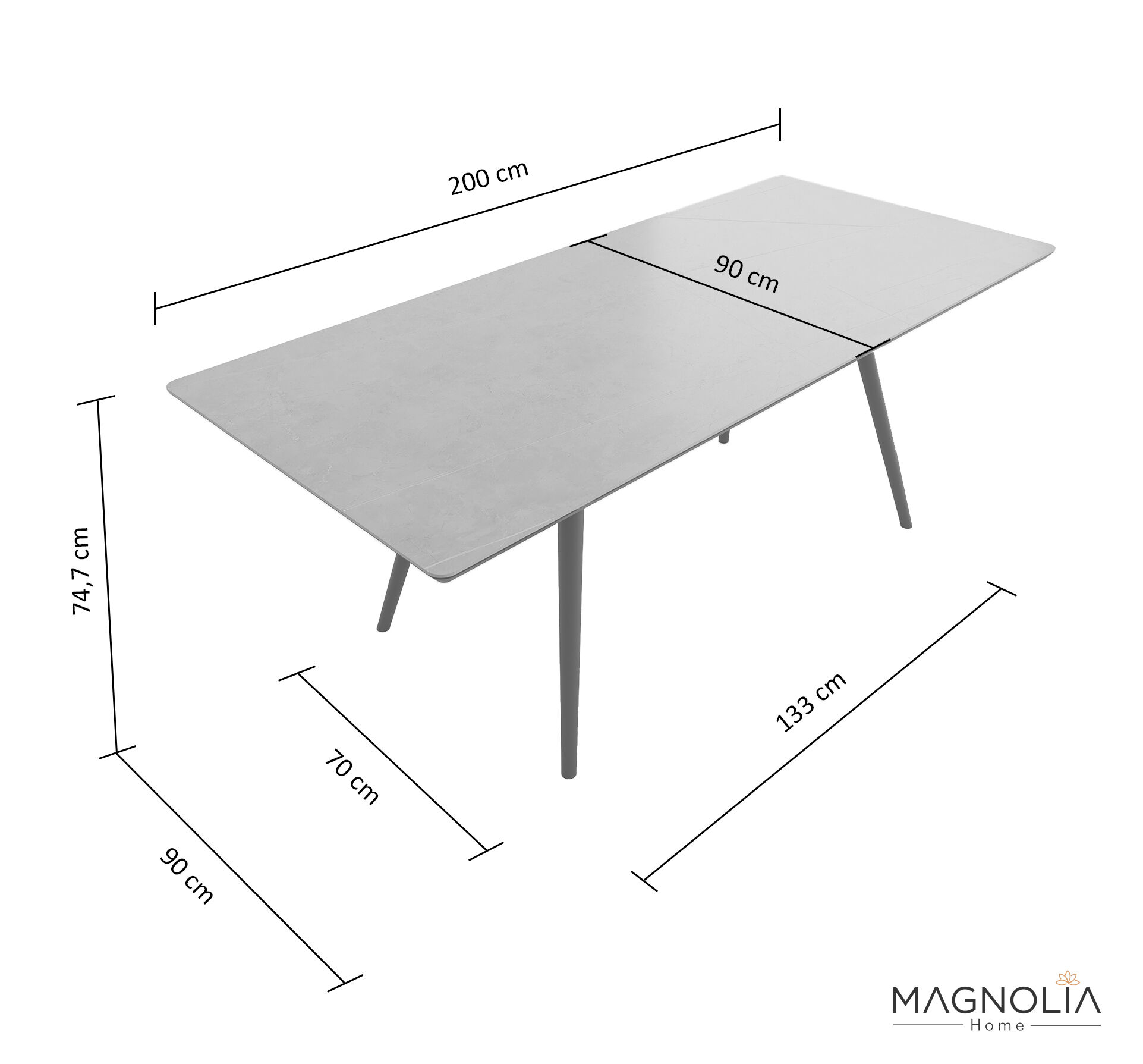 Esstisch 200x90cm graue Keramikplatte schwarze konische Tischbeine