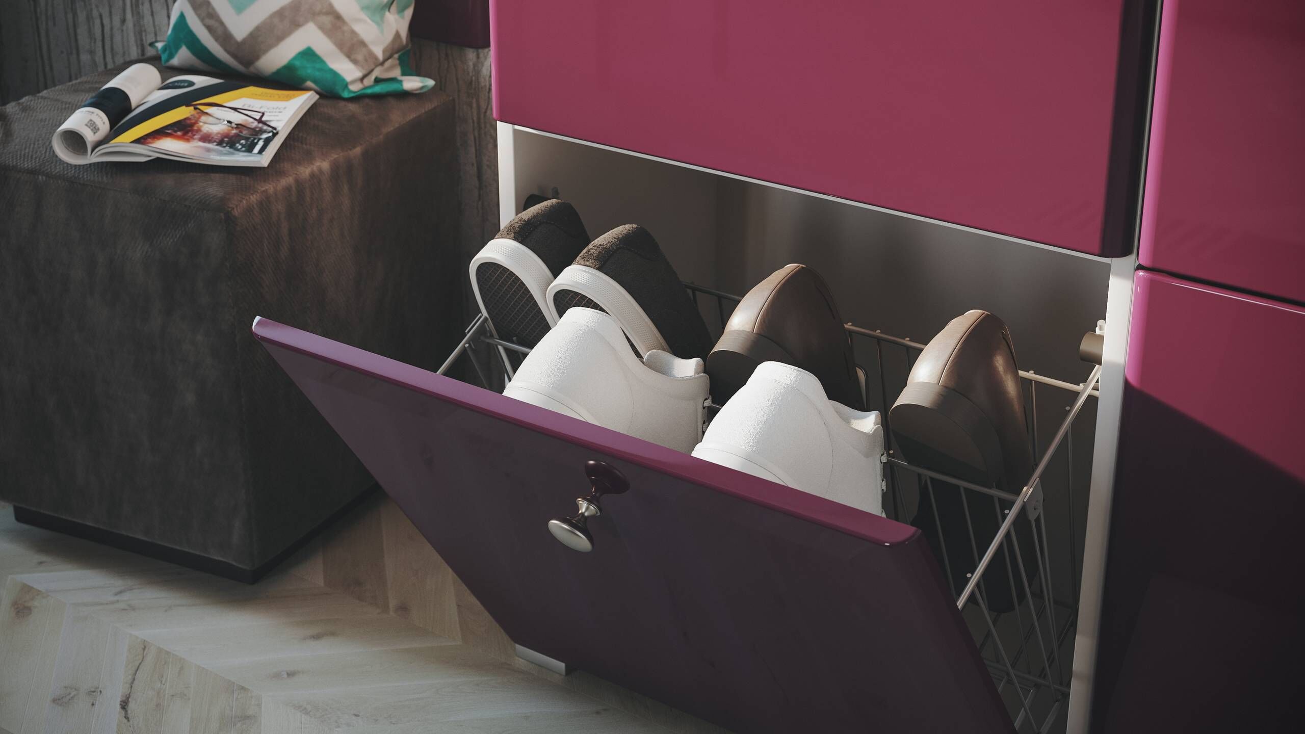 Garderobe Set 106 Visalia 3 tlg Schuhschrank 8 Klappen 32 Paar Weiss-Brombeer
