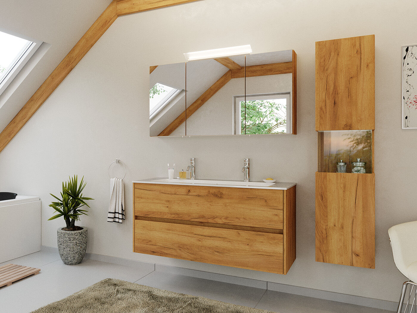 Doppel-Badmöbel Set Taifun 3tlg. 120 cm mit Spiegelschrank & Hochschrank weiß 