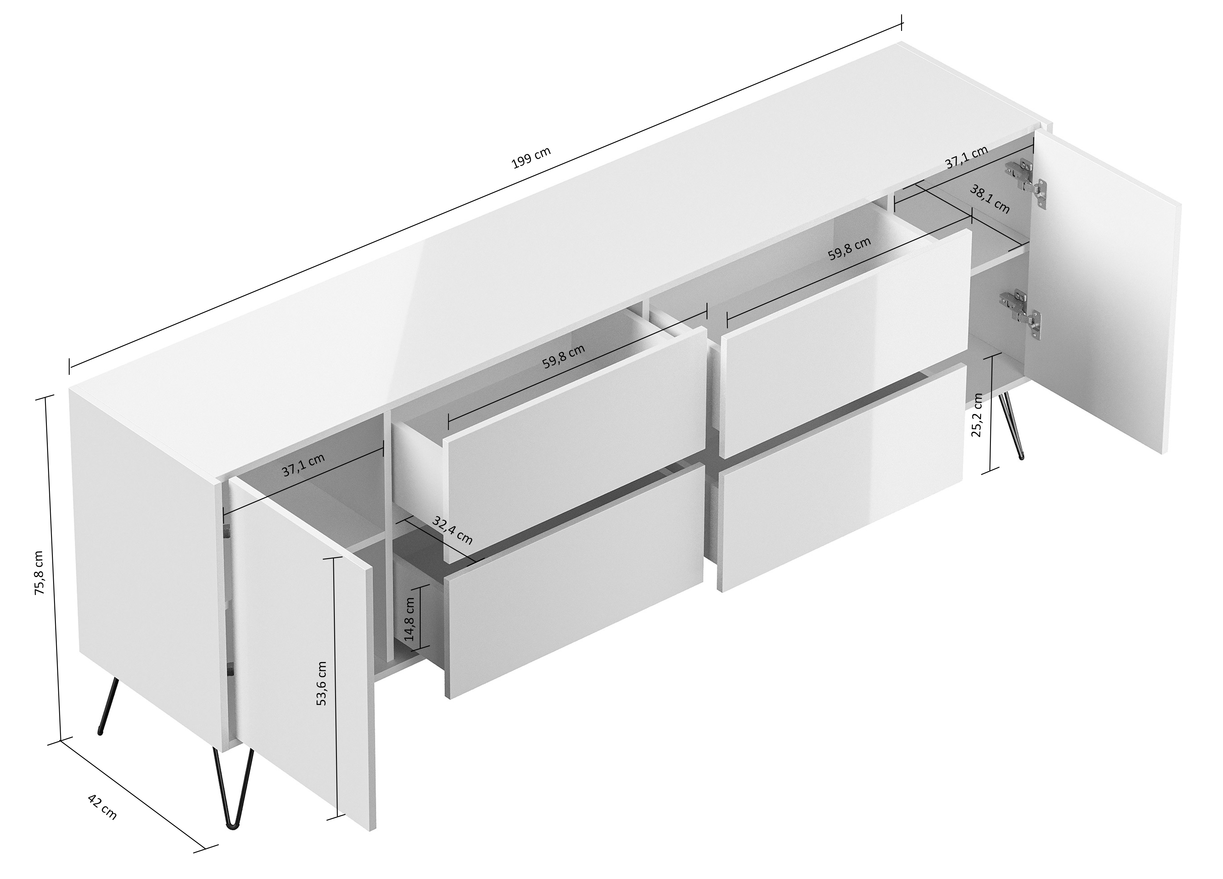 Raumwunder XXL Sideboard Kommode Heros 200cm 4 SoftClose 2 Türen Weiß/Eiche Top