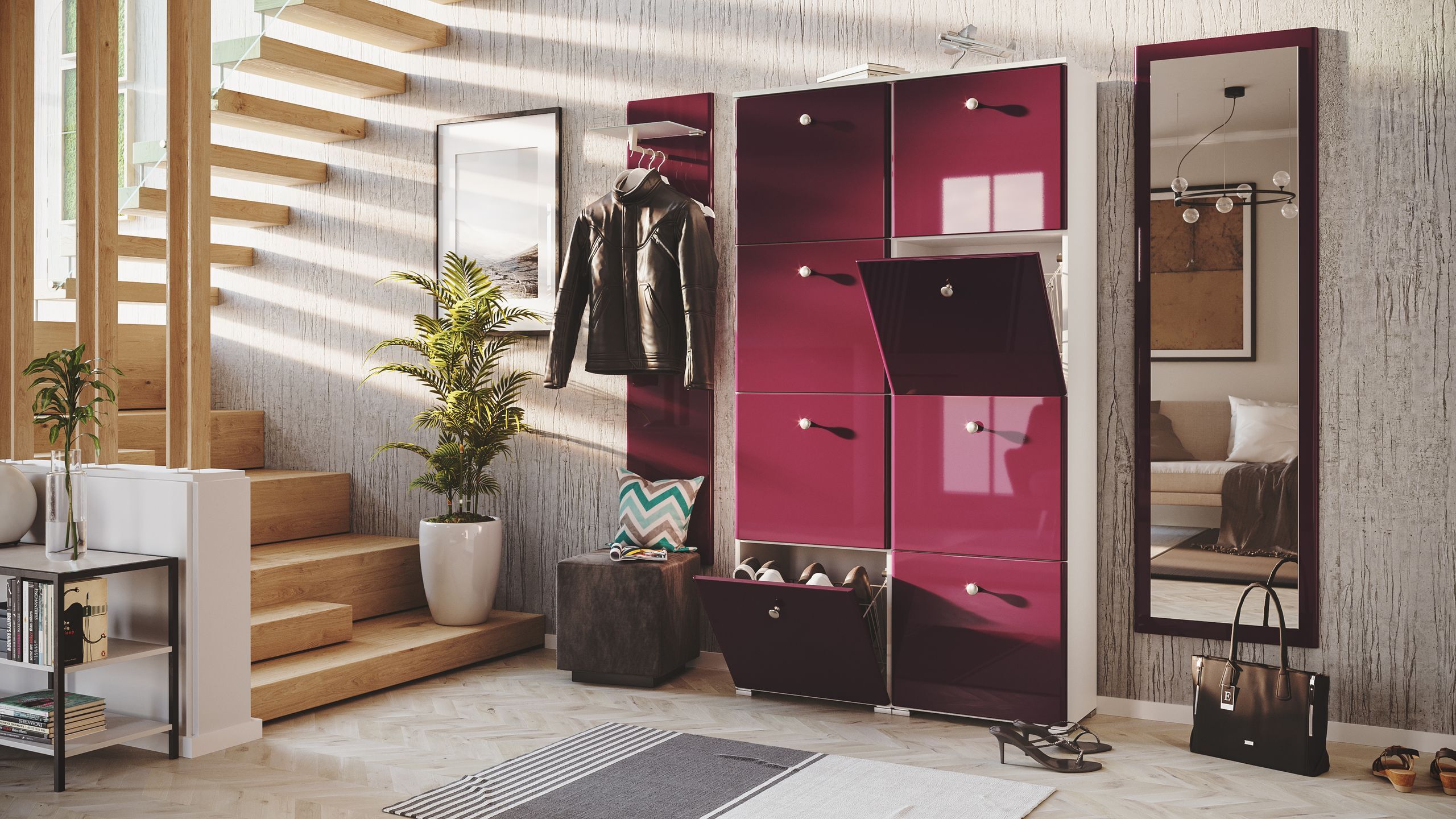 Garderobe Set 117 Brenda 3 tlg Schuhschrank 8 Klappen 32 Paar Weiss-Brombeer
