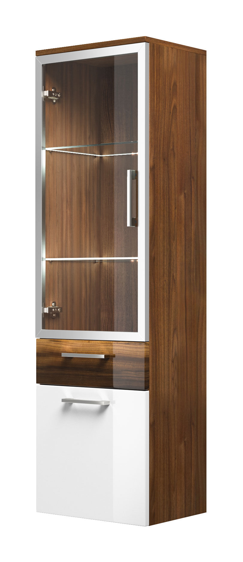 Hochschrank Rima 135 cm mit Glastür Weiss hochglanz/Walnuss hochglanz