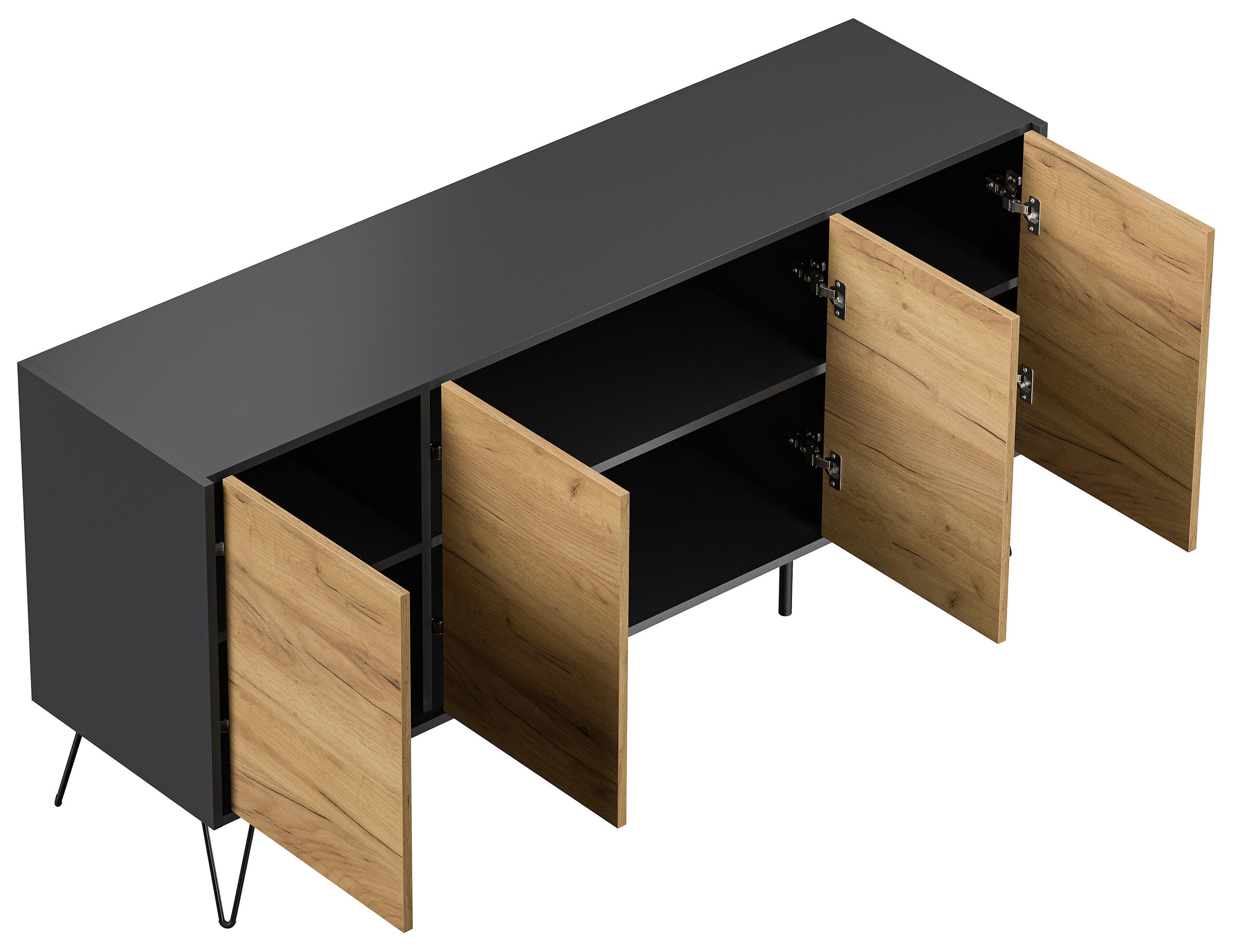 Raumwunder XL Sideboard Kommode Maxim 155cm stehend 4 Türen Grafit/Eiche Front