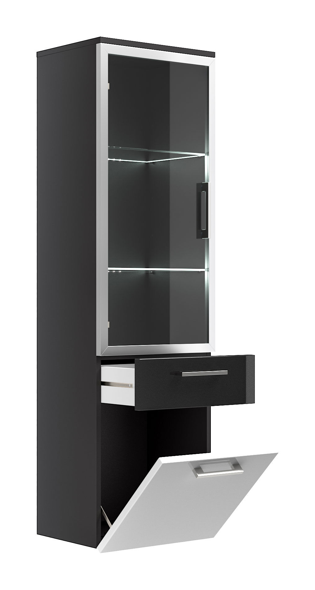 Hochschrank Rima 135 cm mit Glastür Weiss hochglanz/Grafit hochglanz