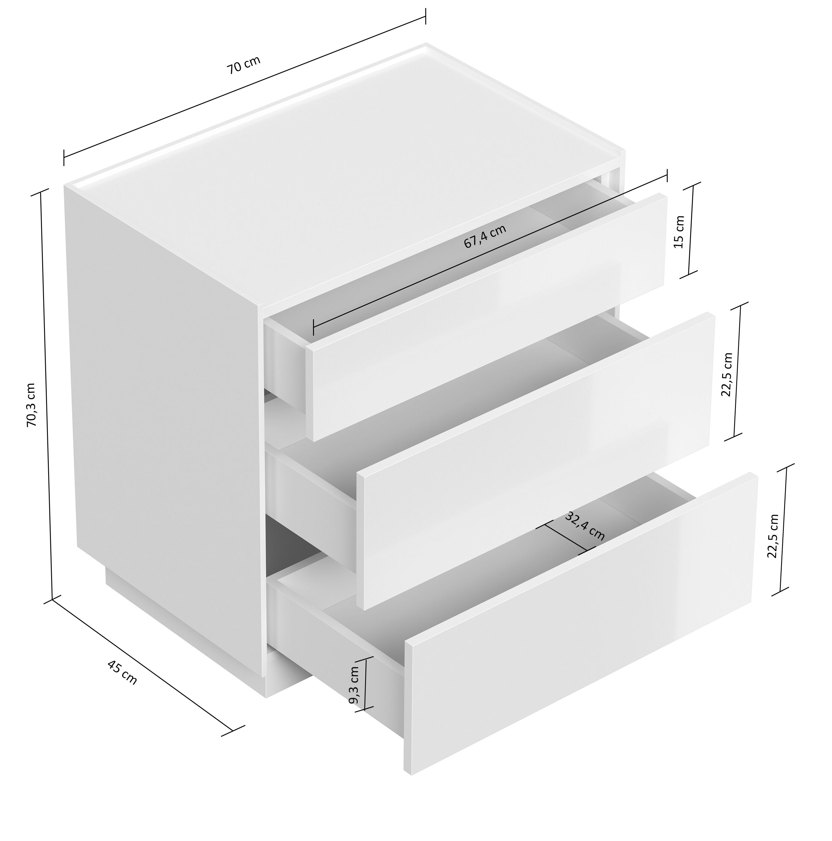 Nachttisch Kommode Lux XL 70cm, Quarz, 3 Pushauszüge Weiß Hgl für Boxspringbett
