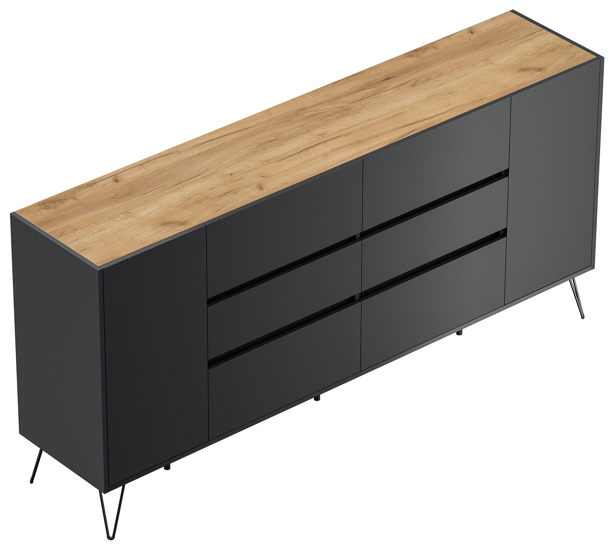 Sideboard Yako XL 200cm 6 SoftClose 2 Türen Grafit/Eiche Top