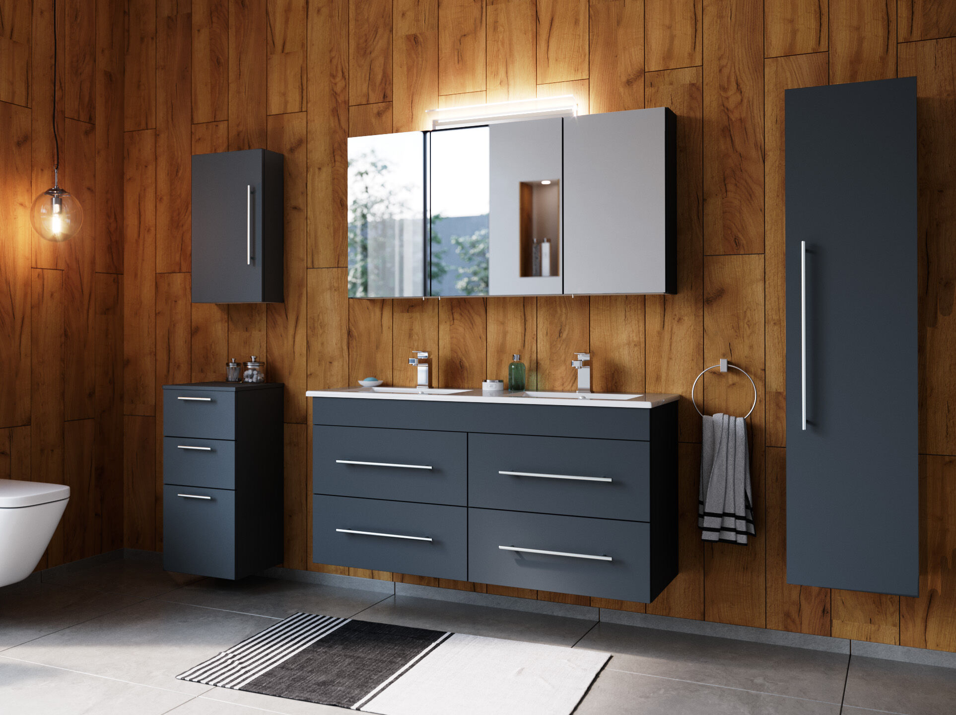 Badmöbelset Helios 5-teilig Spiegelschrank Hoch- Seiten- Midischrank grafit