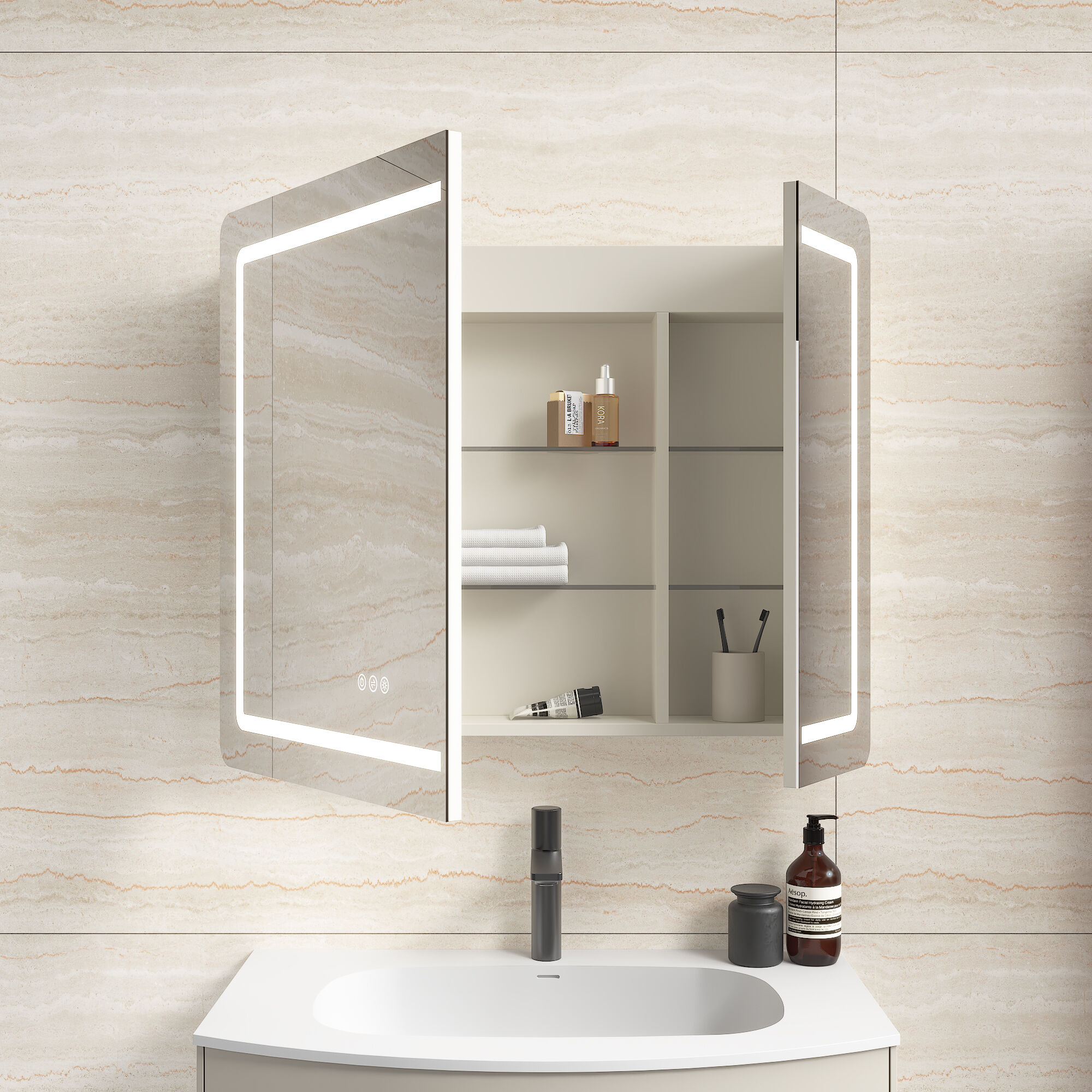 Spiegelschrank Riva 80 cm inkl. LED-Lampe und Glasböden montiert kaschmir matt
