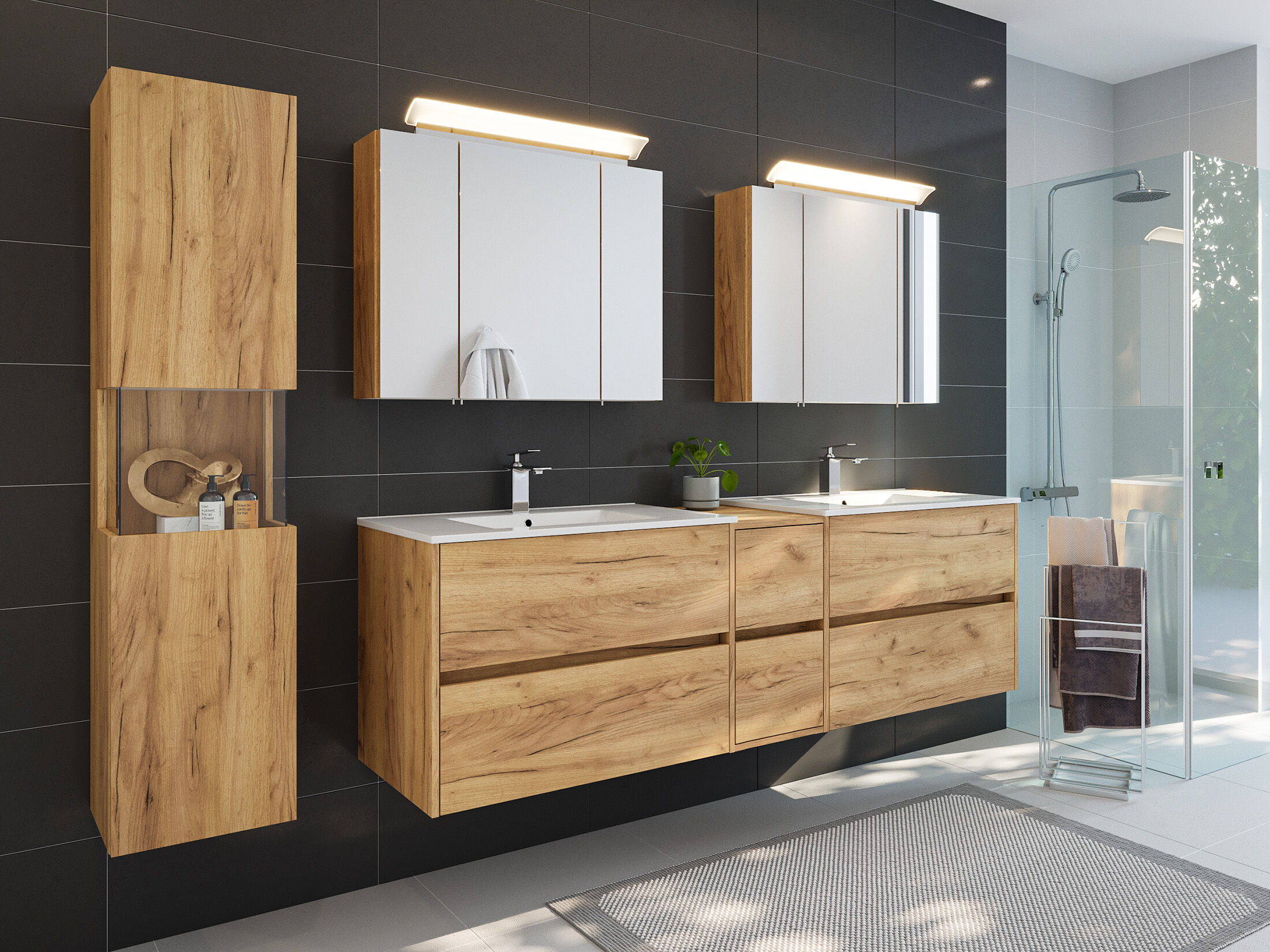Badmöbelset Taifun 190cm 4tlg mit 2x Spiegelschrank & Seitenschrank eiche gold