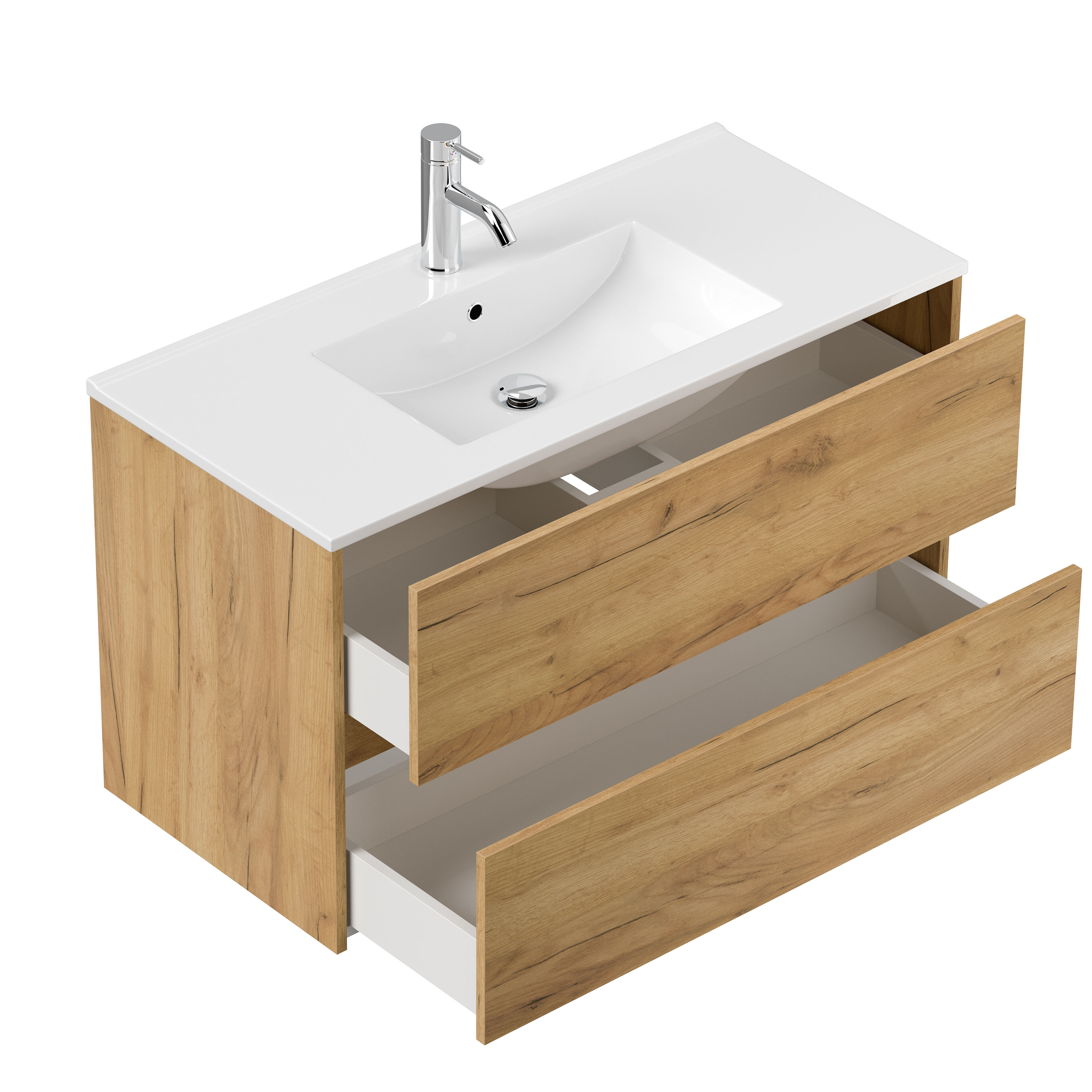 Badmöbel Set Taifun 4tlg. 100 cm mit LED Spiegel, 3er Boxen & Hochschrank eiche