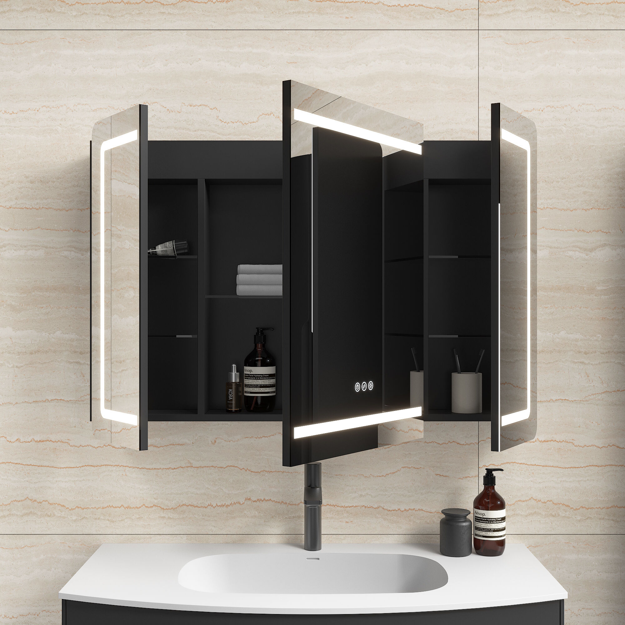 Badmöbel Set Riva 3tlg. 100 cm mit Spiegelschrank montiert schwarz matt