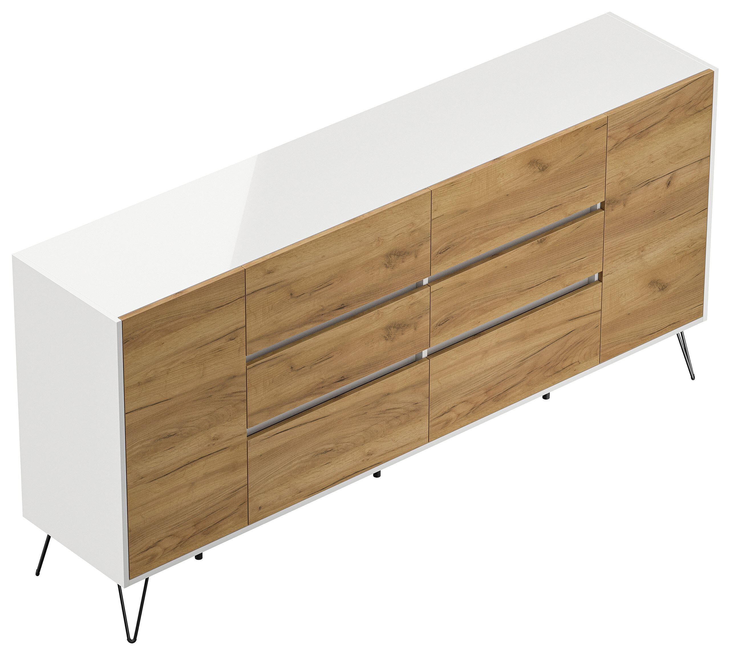 Sideboard Kommode Yako 200cm Greifraum 6 SoftClose 2 Türen Weiß/Eiche Front