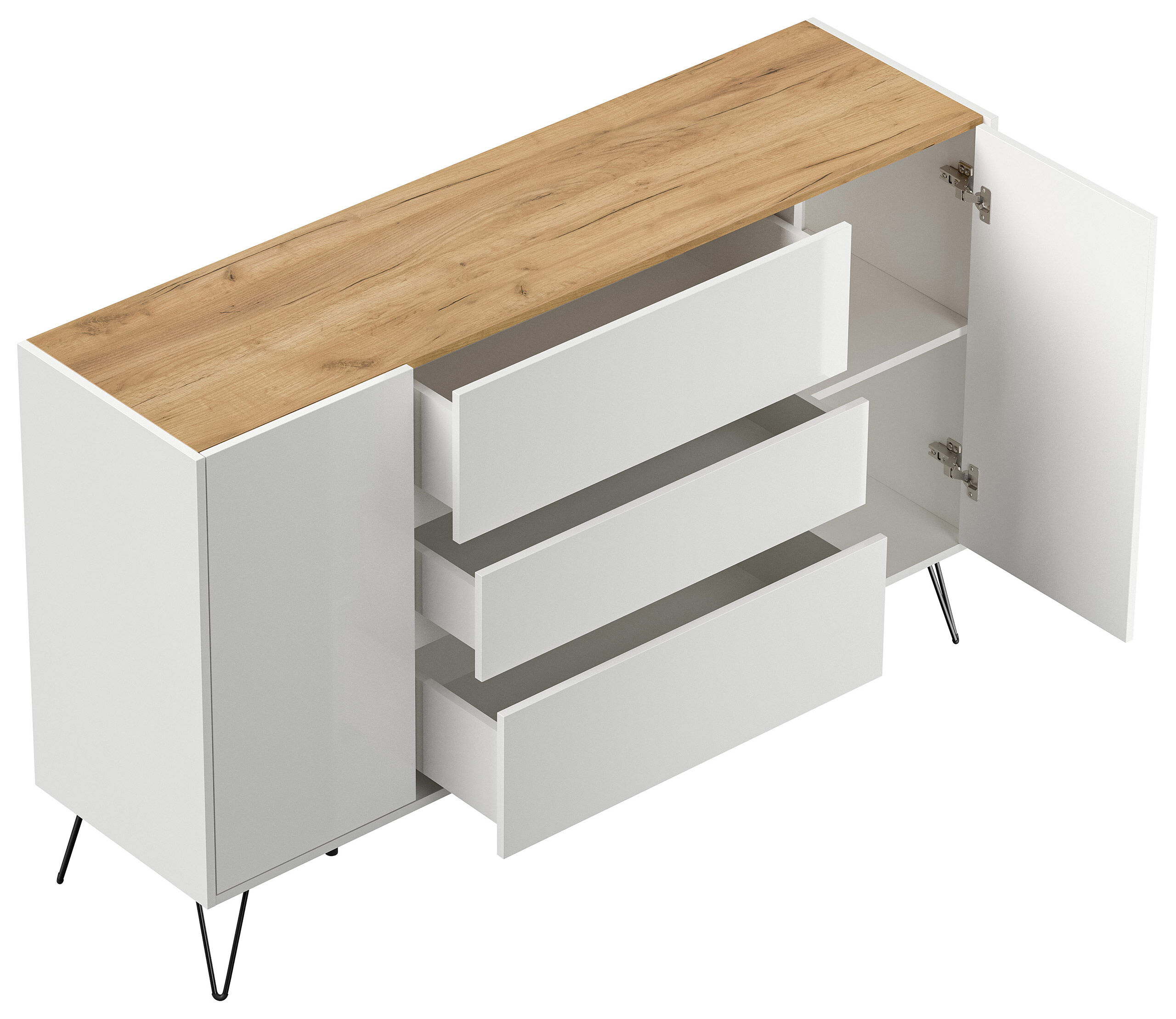 Sideboard Kommode Lovo 155cm Greifraum 3 SoftClose 2 Türen Weiß/Eiche Front