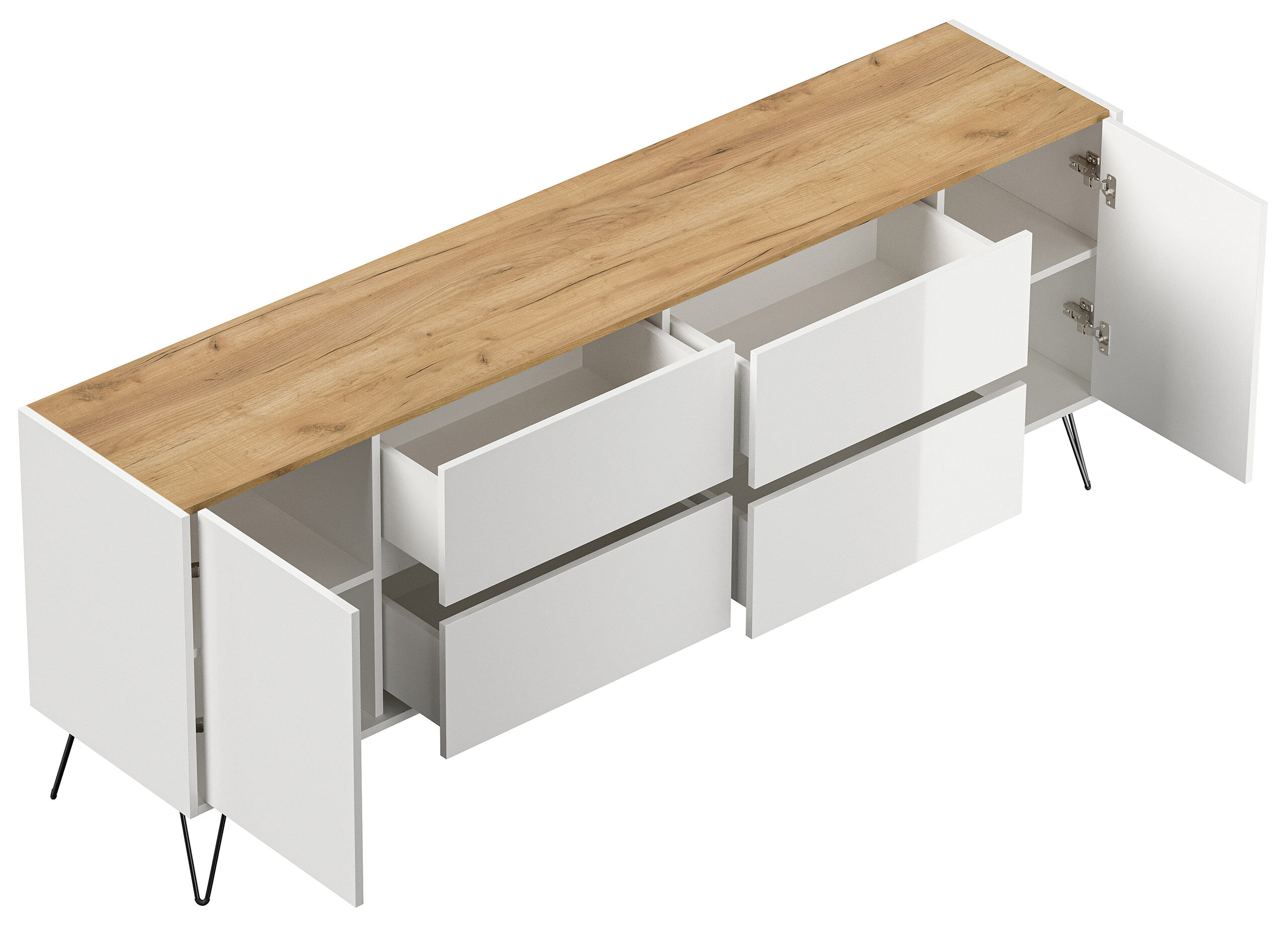 Raumwunder XXL Sideboard Kommode Heros 200cm 4 SoftClose 2 Türen Weiß/Eiche Top