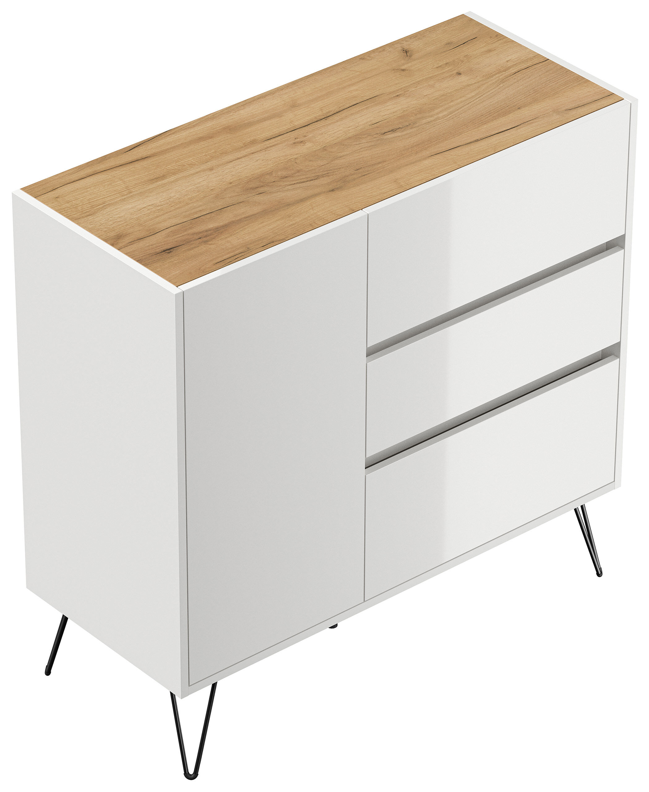 Design Sideboard Kommode Altan 100cm Greifraum 3 SoftClose 1 Tür Weiß/Eiche Top