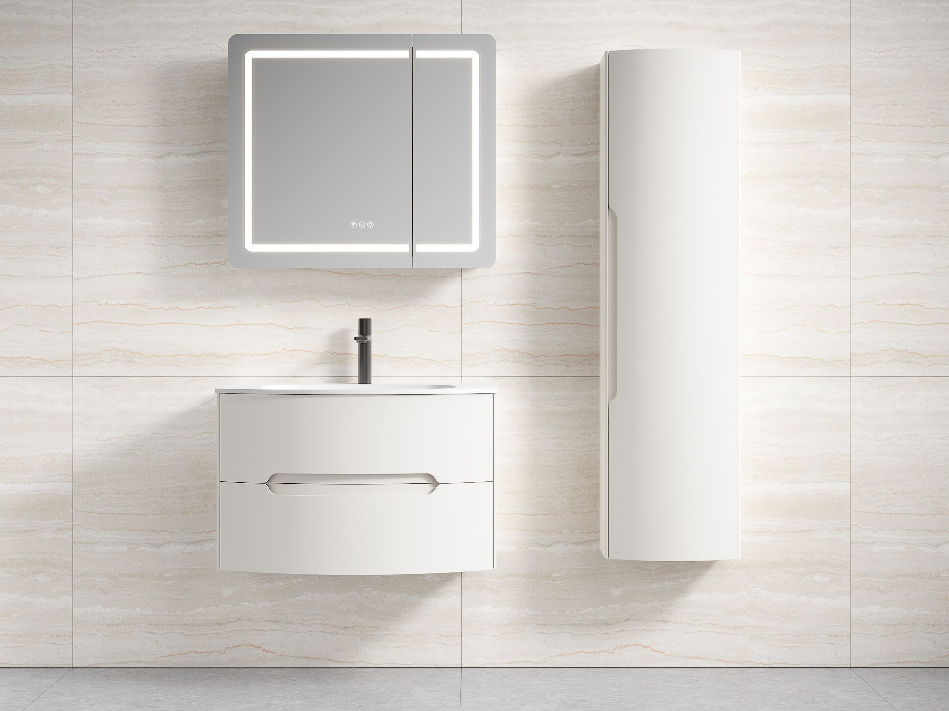 Badmöbel Set Riva 3tlg. 80 cm mit Spiegelschrank montiert weiß matt