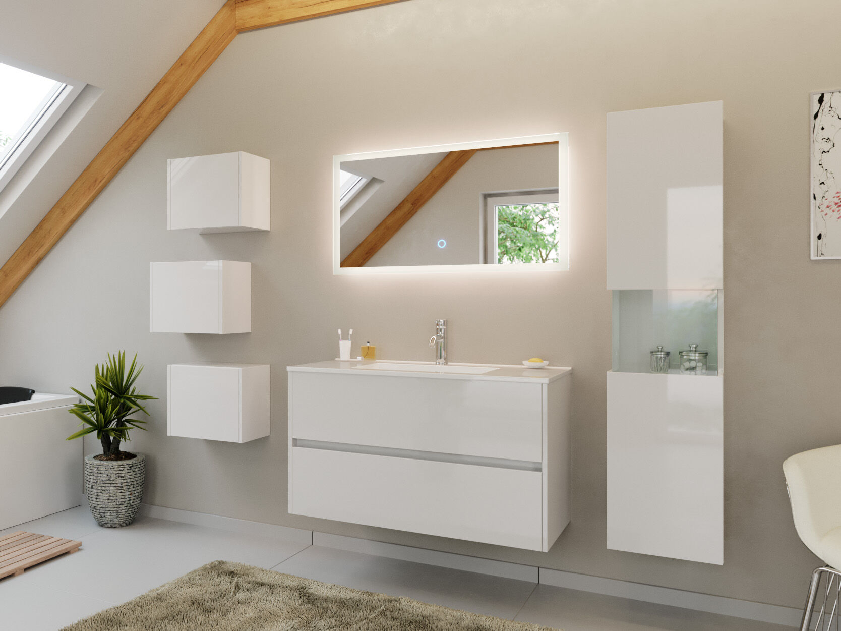 Badmöbel Set Taifun 4tlg. 100 cm mit LED Spiegel, 3er Boxen & Hochschrank eiche