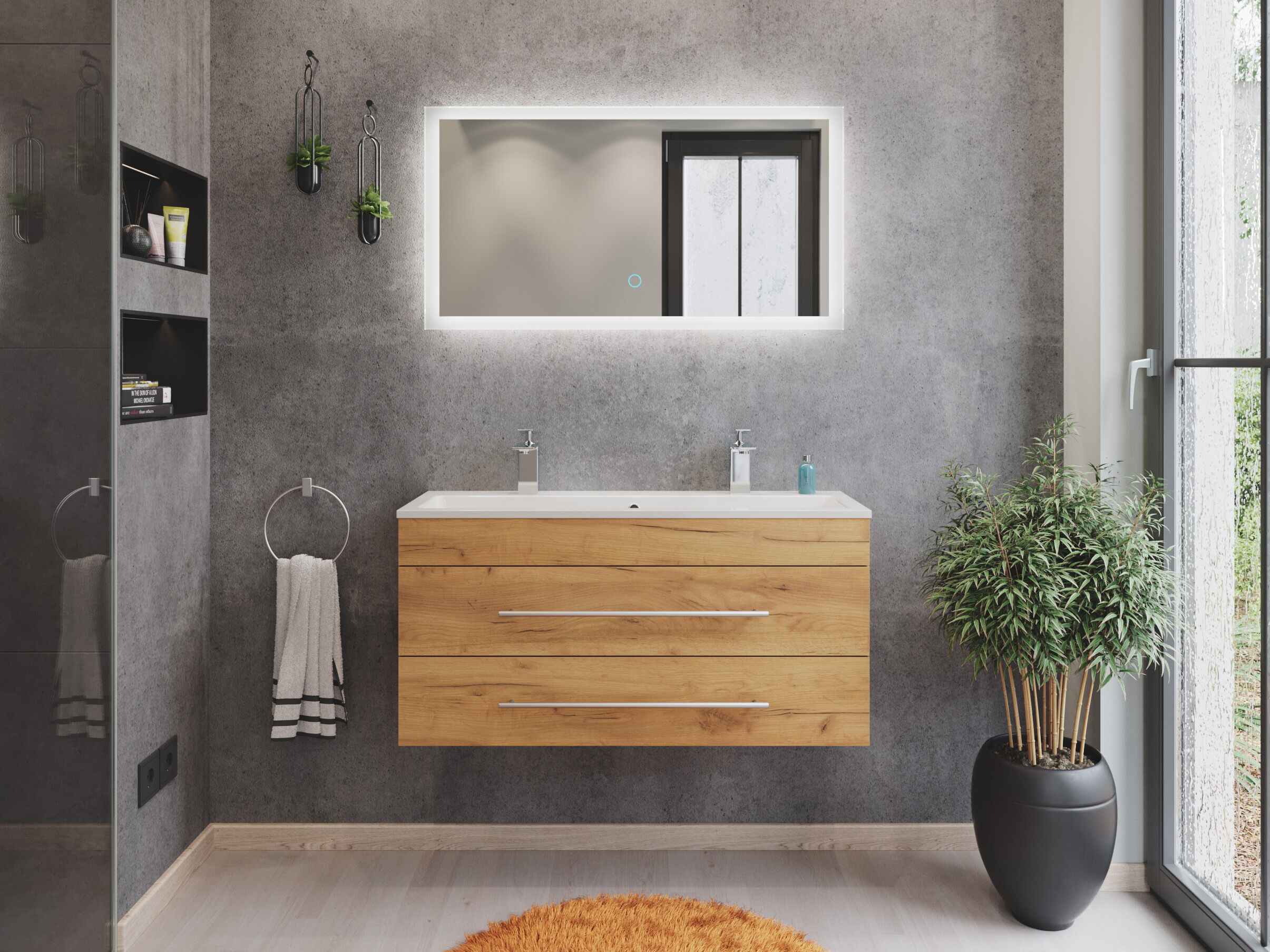 Badmöbel Mars 1000 2 Hahnlöcher 2-teilig mit LED Spiegel SlimLine grafit