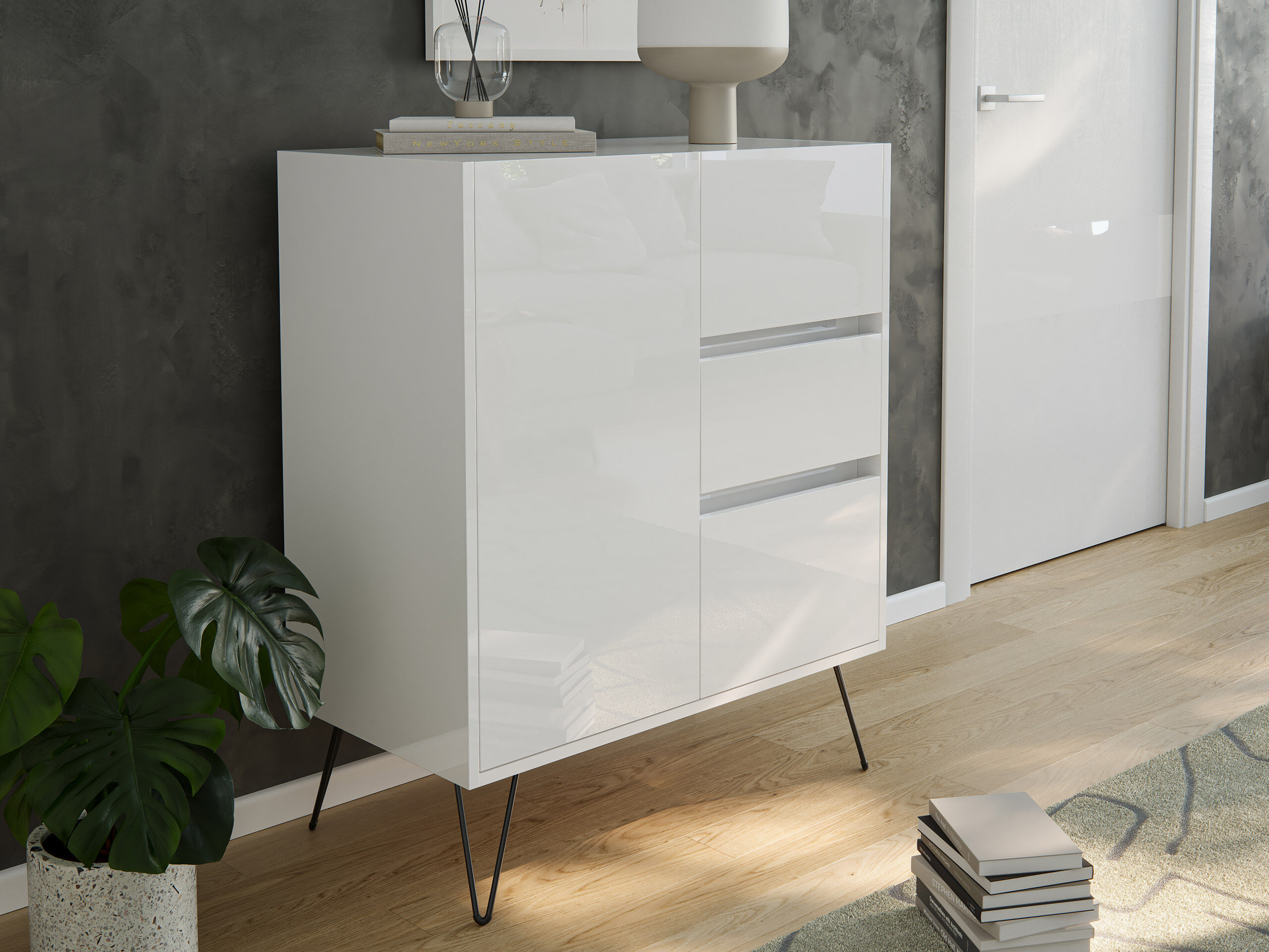 Design Sideboard Kommode Rauk 80cm 3 Greifraum SoftClose 1 Tür Grafit