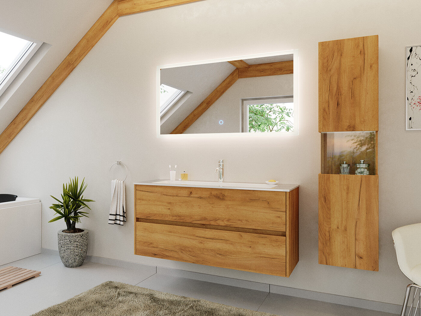 Badmöbel Set Taifun 3tlg. 120 cm mit LED Spiegel & Hochschrank eiche gold