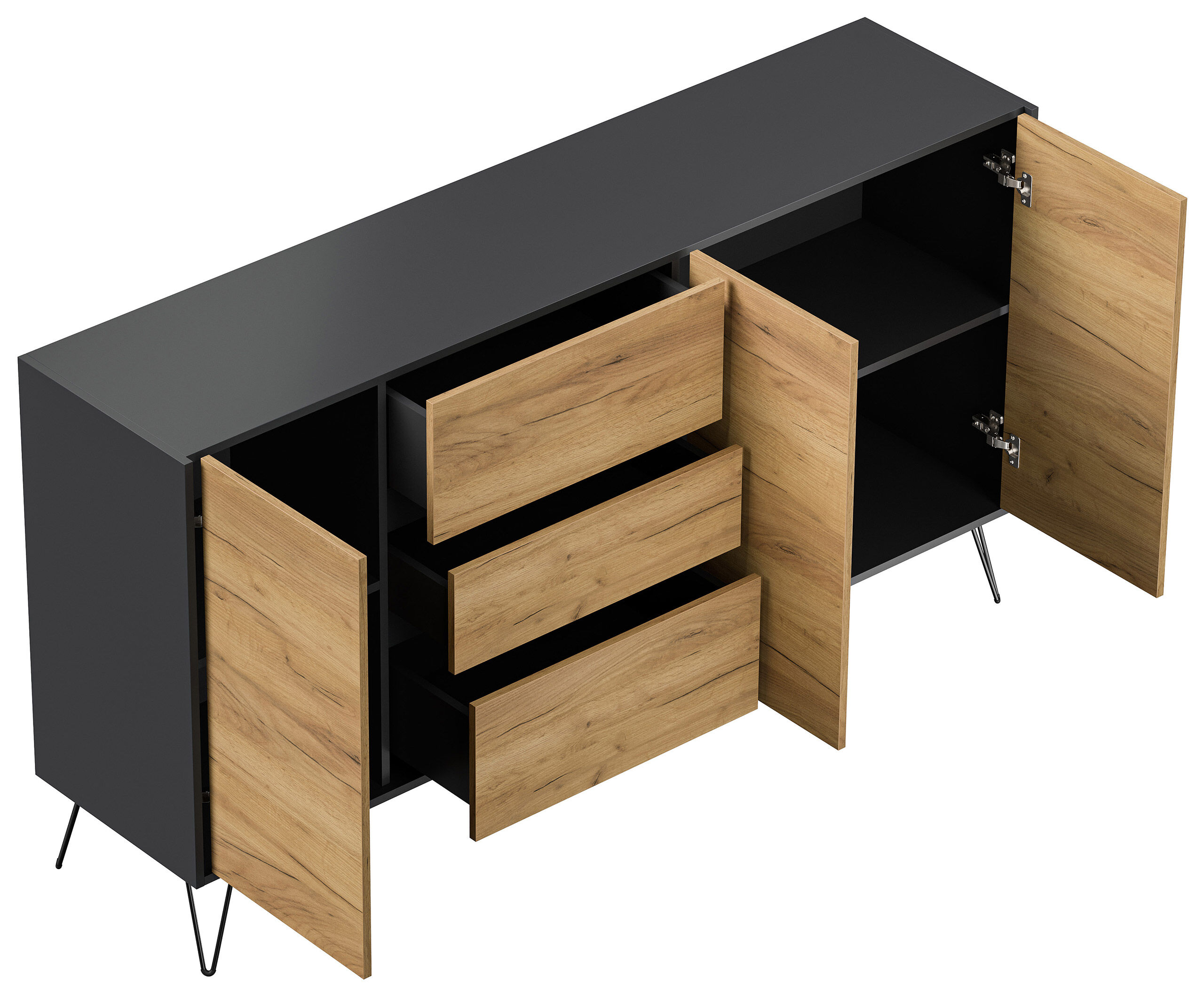 Sideboard Kommode Zuma 180cm Greifraum 3 SoftClose 3 Türen Grafit/Eiche Front