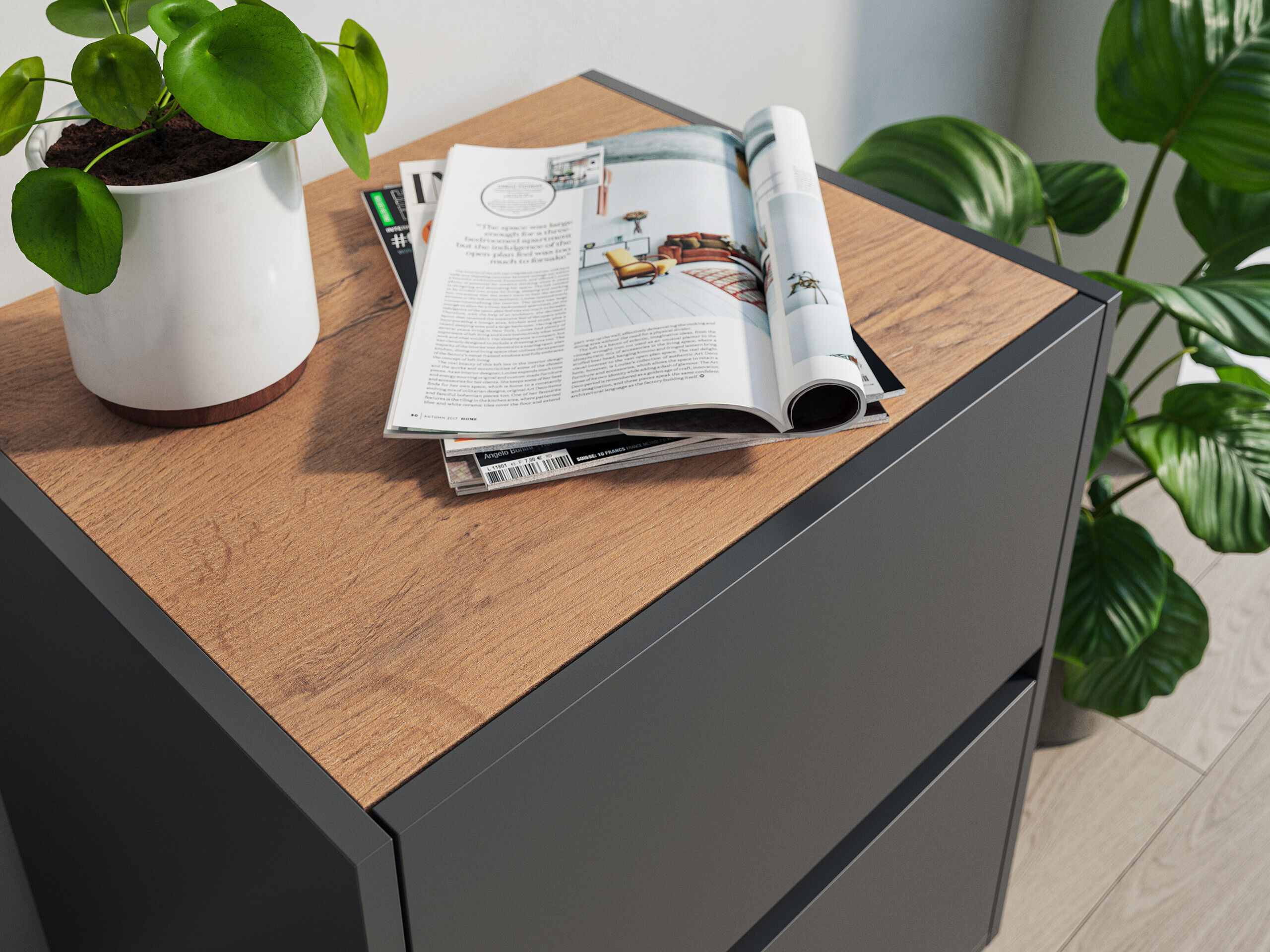 Nachttisch Yako 50cm 2 SoftClose stehend Weiß & Eiche Front