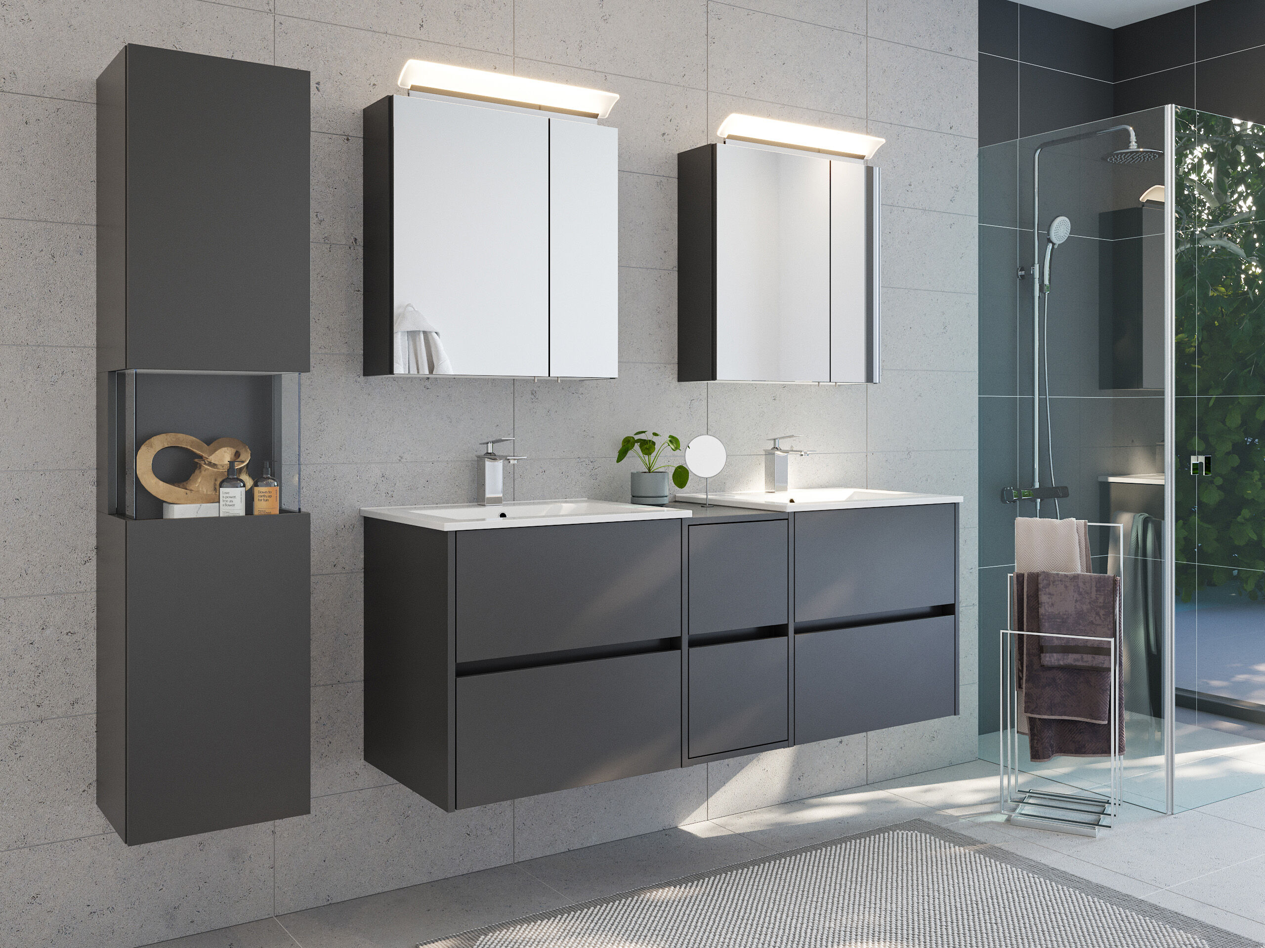 Badmöbelset Taifun 150cm 4tlg mit 2x Spiegelschrank & Seitenschrank eiche gold