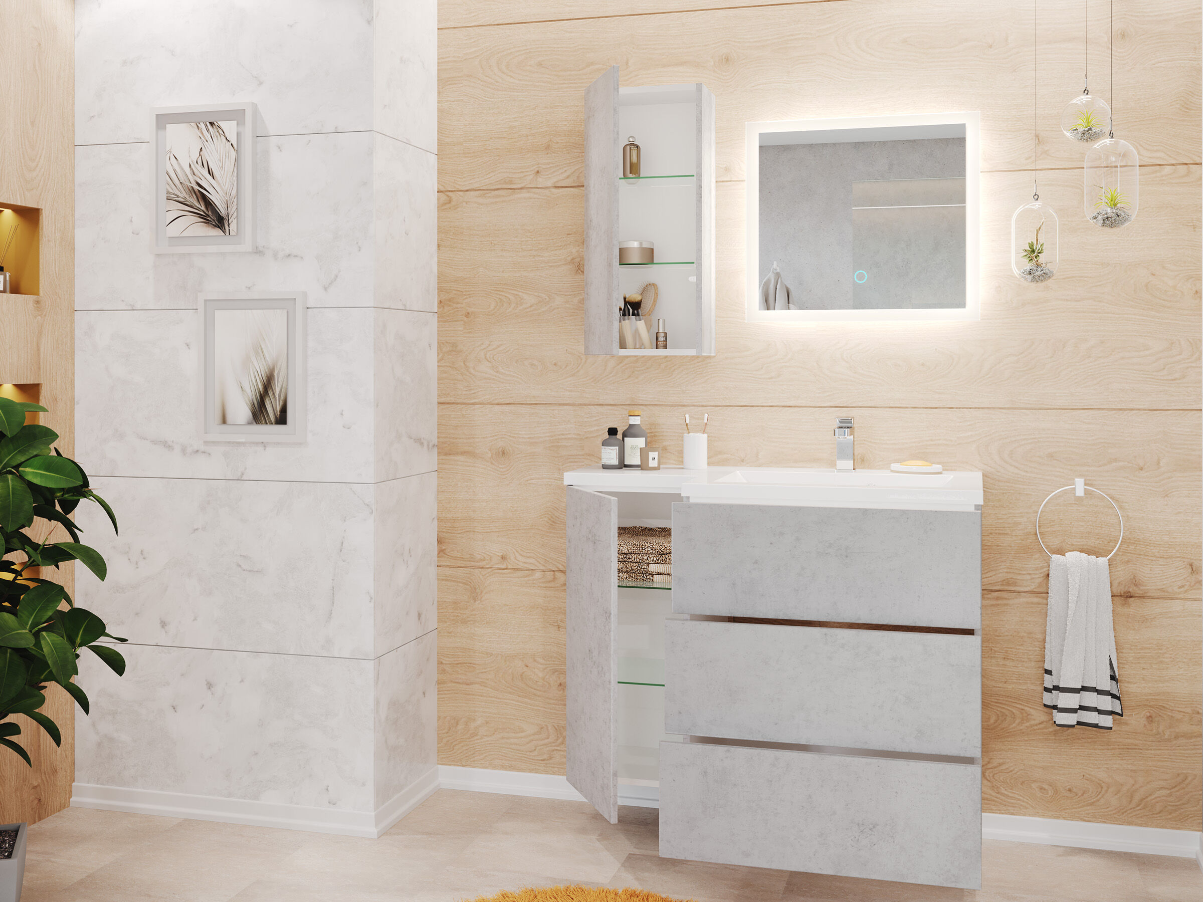 Badblock Adelia links 3er Set LED-Spiegel Hängeschrank beton