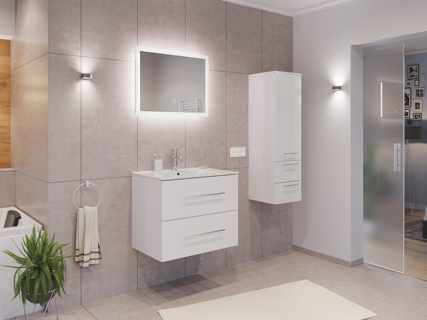 Badmöbel Set Firenze 70 3tlg. LED Spiegel und Seitenschrank weiß hochglanz
