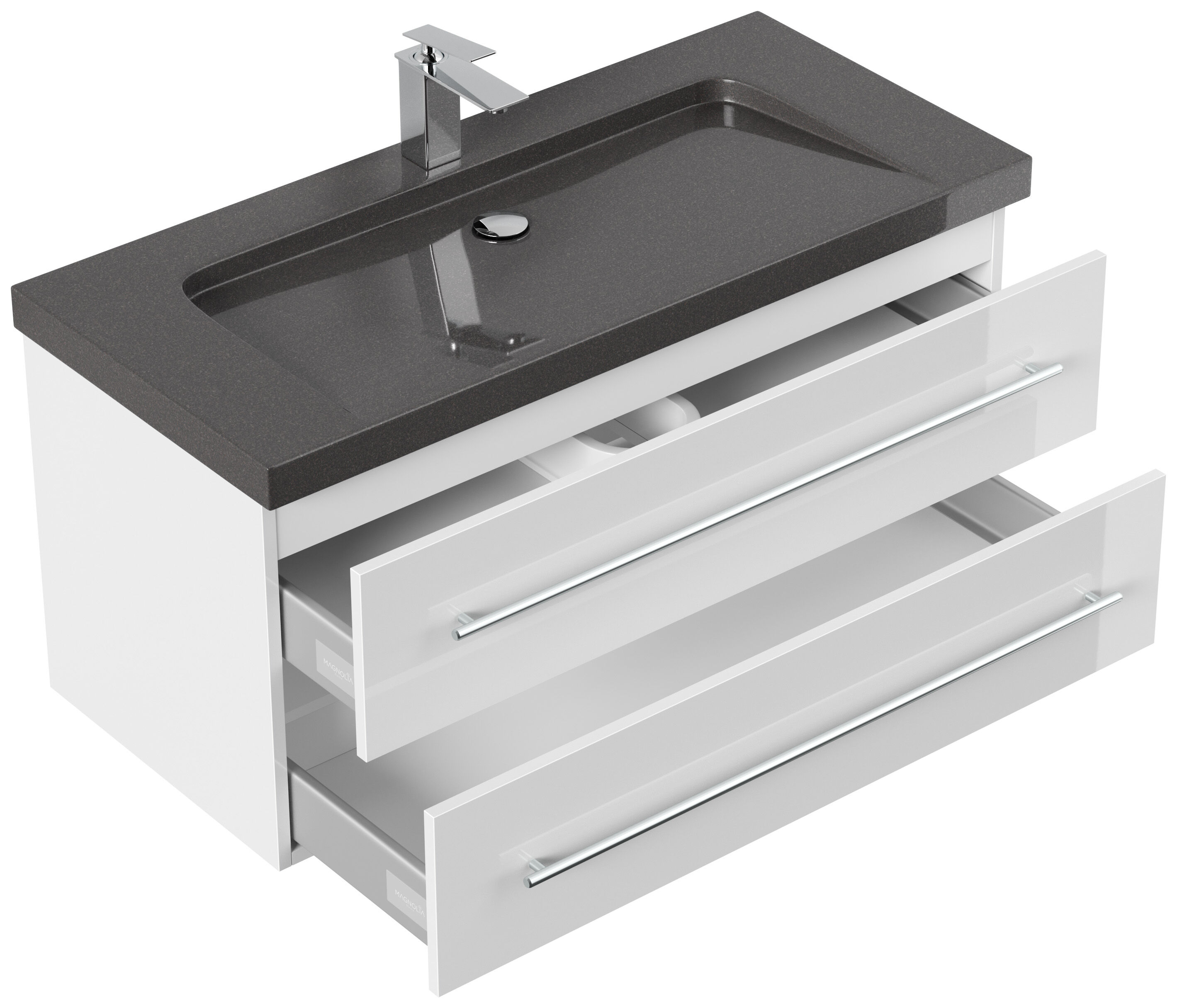 Badmöbel Granit India Black Damo 100 cm 1 Hahnloch SoftClose weiß hochglanz