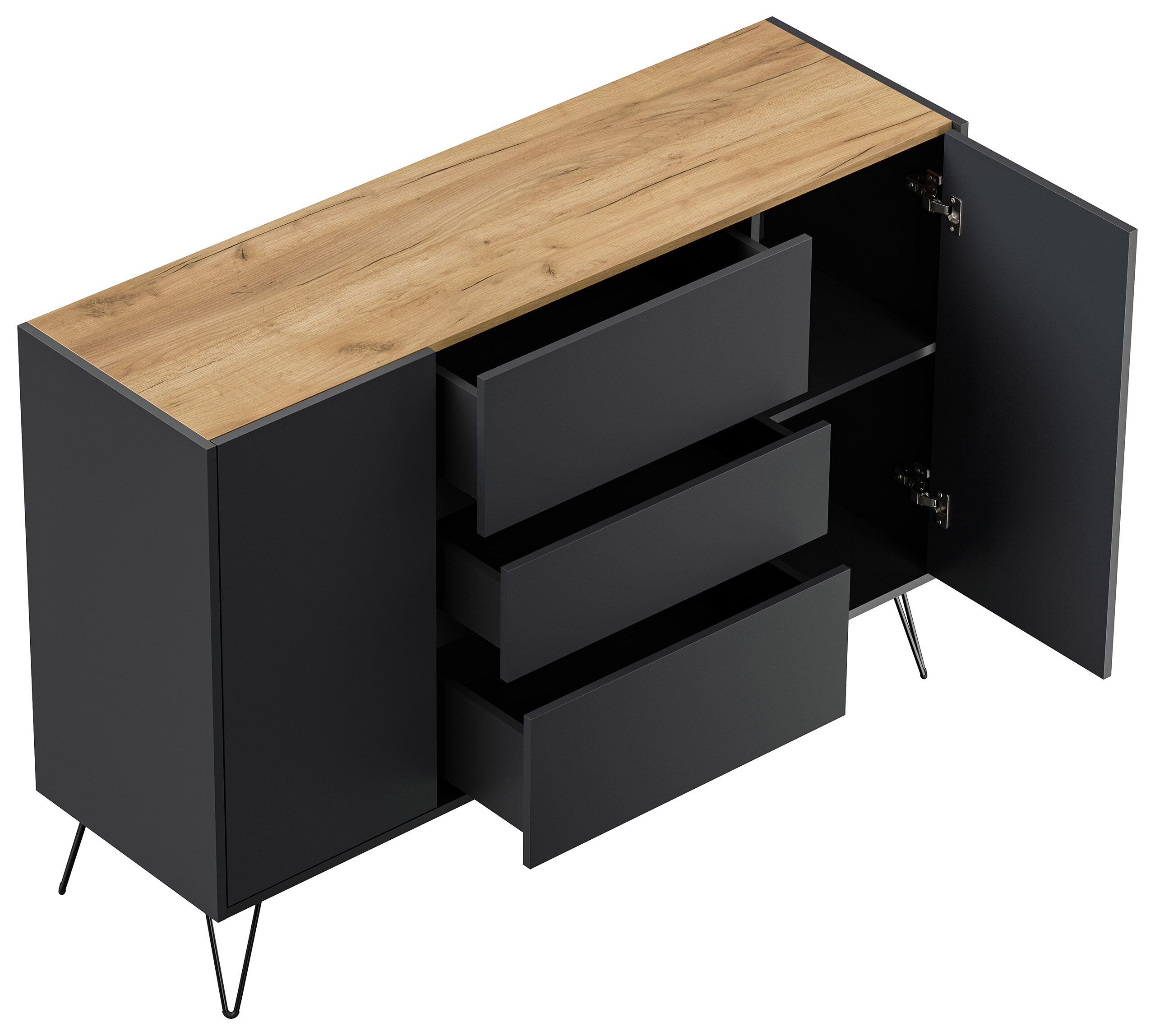 Sideboard Yako XL 140cm 3 SoftClose 2 Türen Grafit/Eiche Top