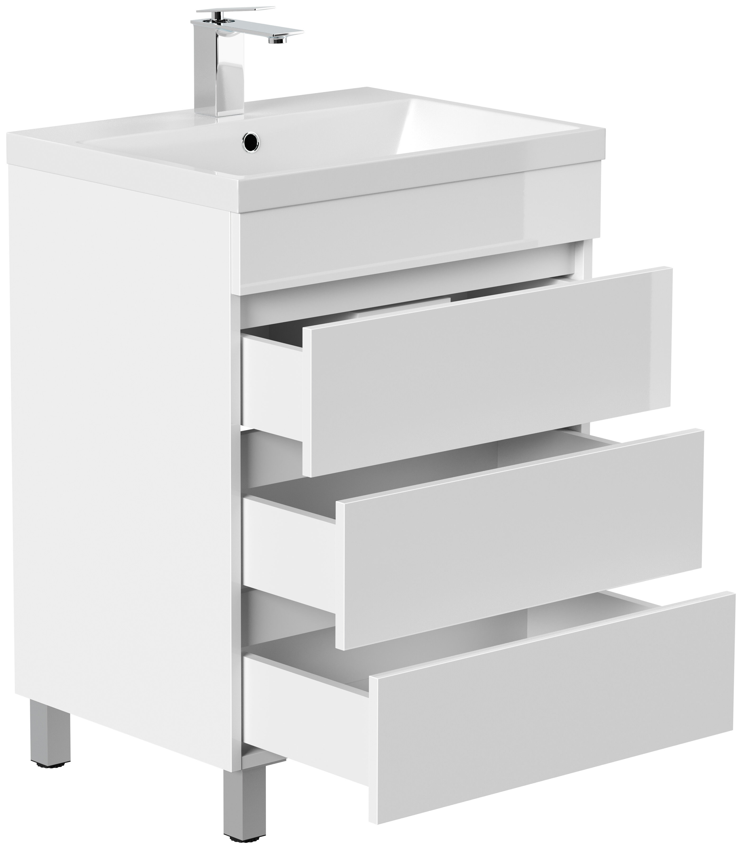 Stand Badmöbel Via 60 SoftClose weiss hochglanz mit drei grifflosen Schubladen