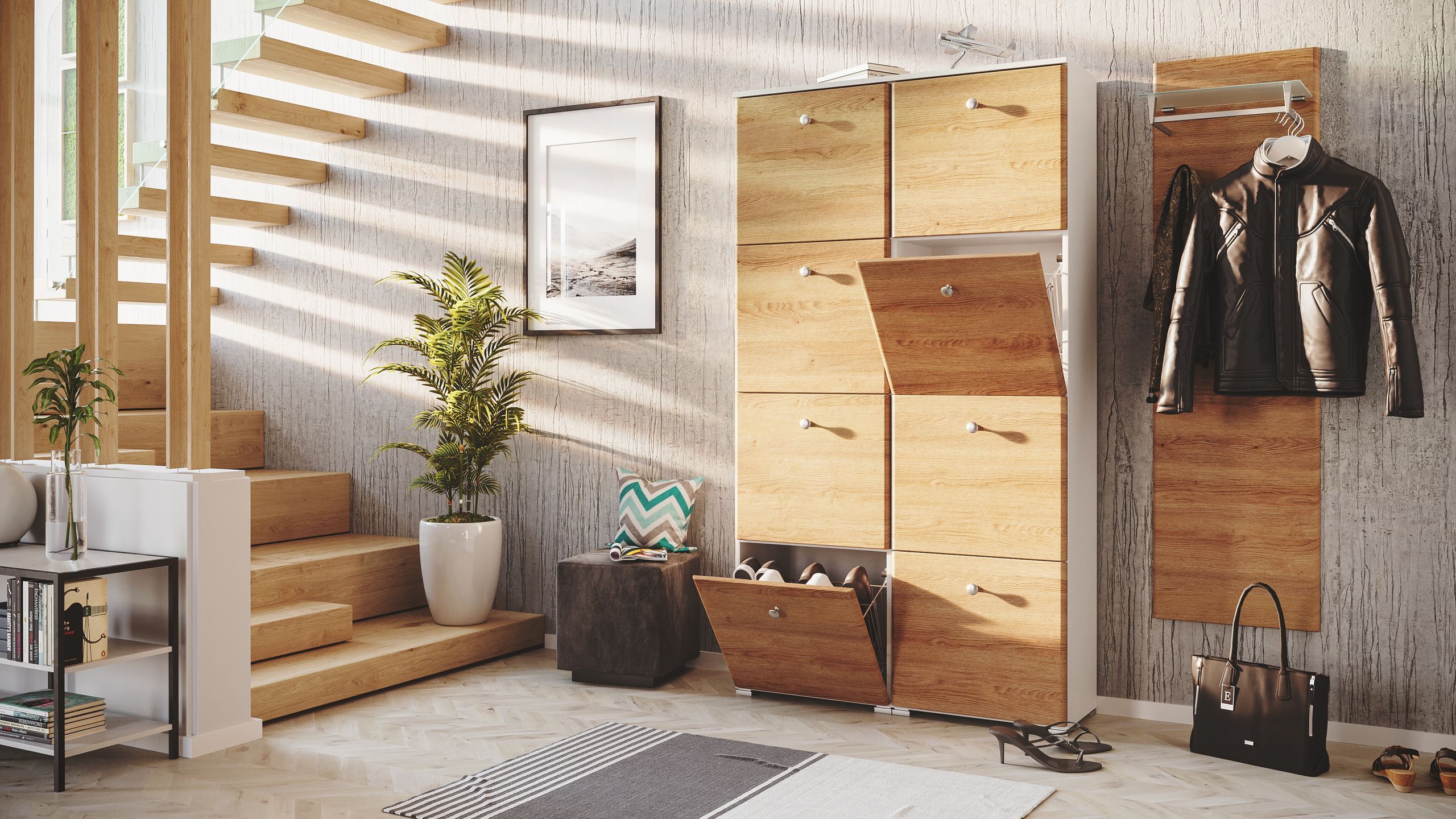 Garderobe Set 113 Brawley 2 tlg Schuhschrank 8 Klappen 32 Paar Weiss-Eiche