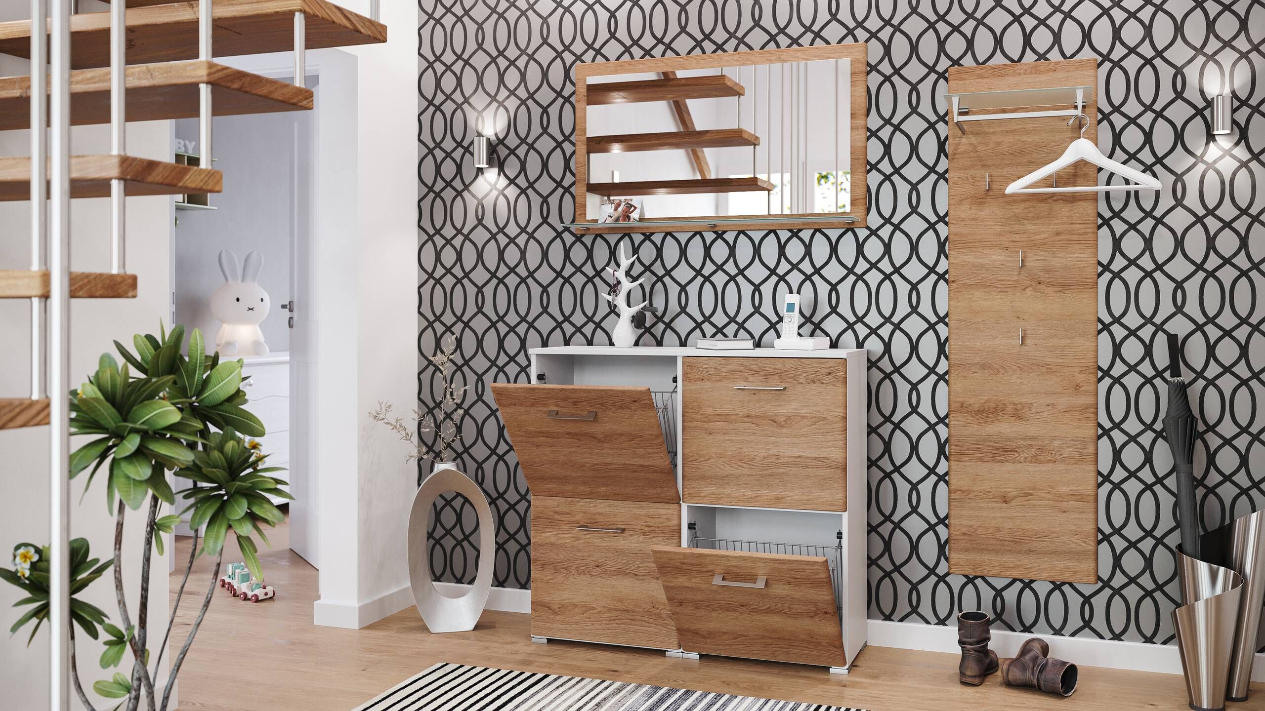 Garderobe Set 004 Boston 4 tlg Schuhschrank 4 Klappen 16 Paar Weiss-Eiche