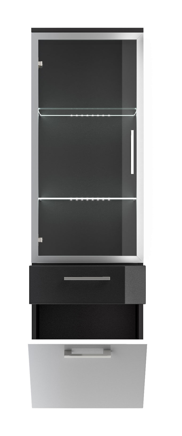 Hochschrank Rima 135 cm mit Glastür Weiss hochglanz/Grafit hochglanz