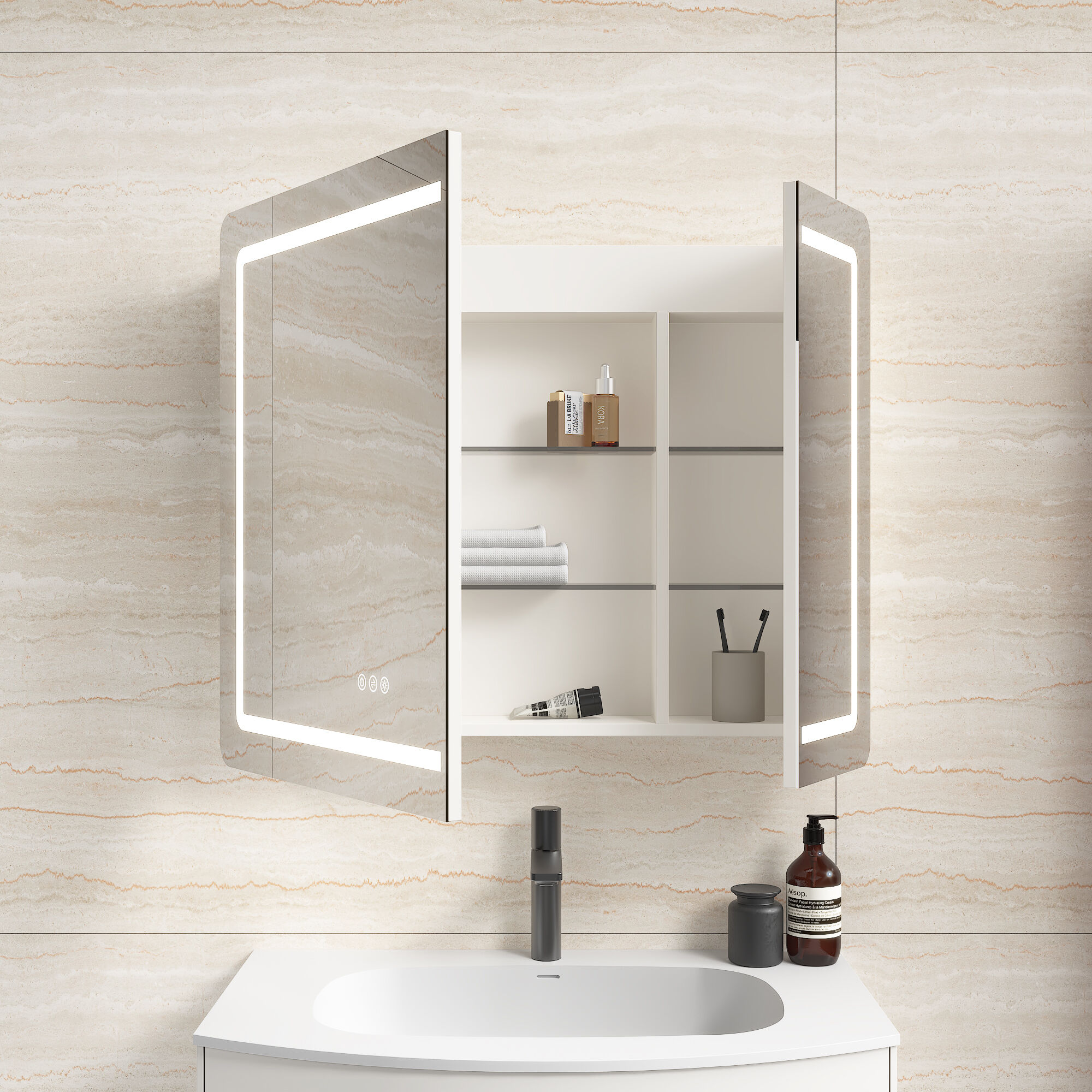 Badmöbel Set Riva 3tlg. 80 cm mit Spiegelschrank montiert weiß matt