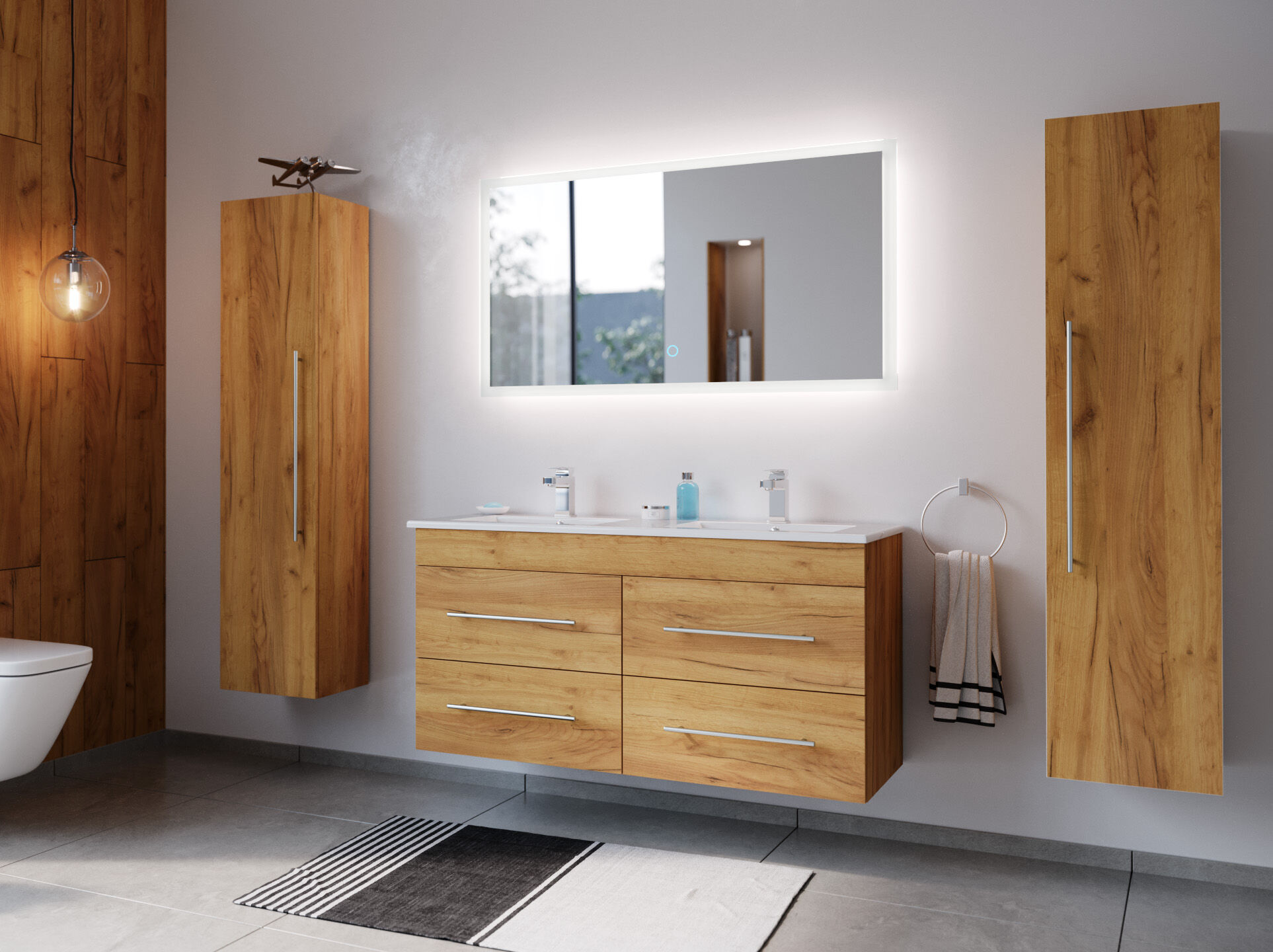 Badmöbelset Helios 4-teilig LED Spiegel 2x Hochschrank eiche gold