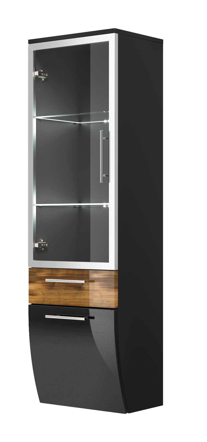 Hochschrank Salona 135 cm mit Glastür Walnuss hochglanz/Grafit hochglanz