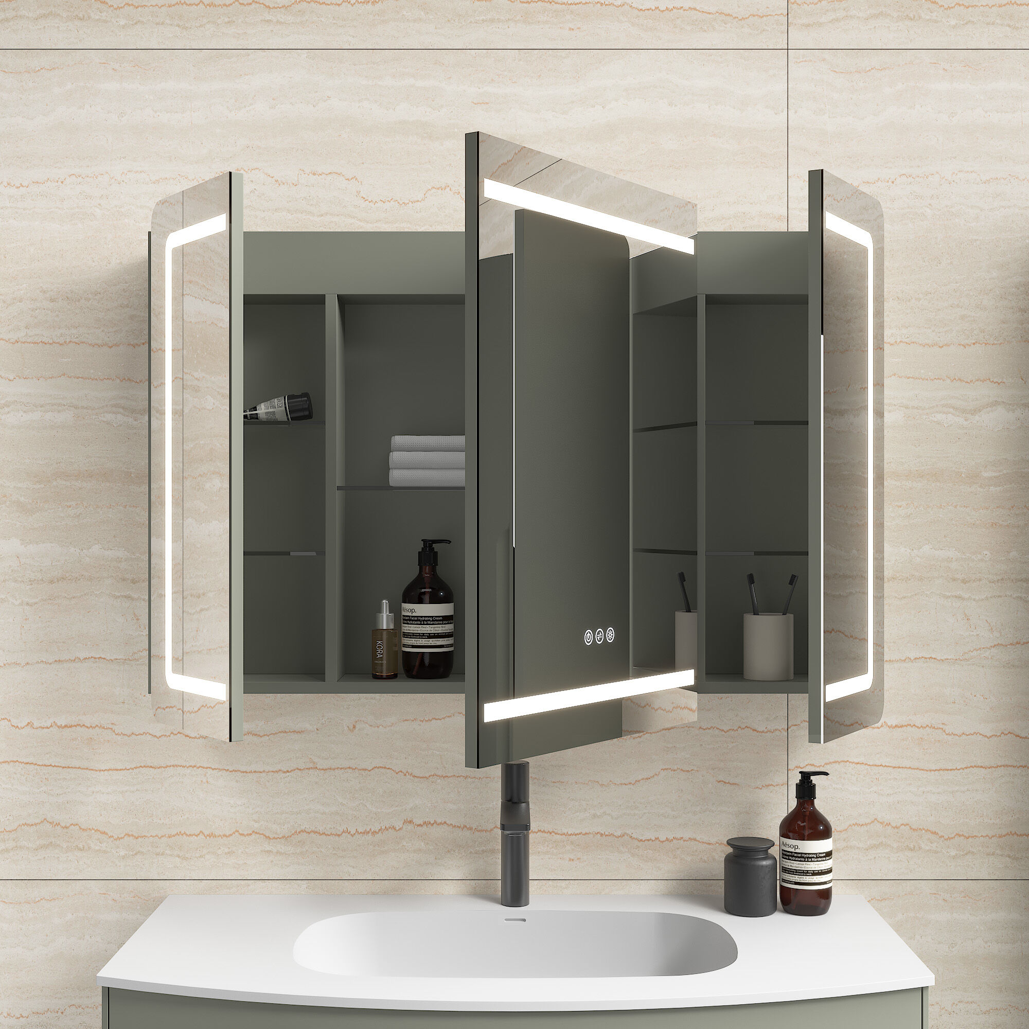 Spiegelschrank Riva 100 cm inkl. LED-Lampe und Glasböden montiert grün matt