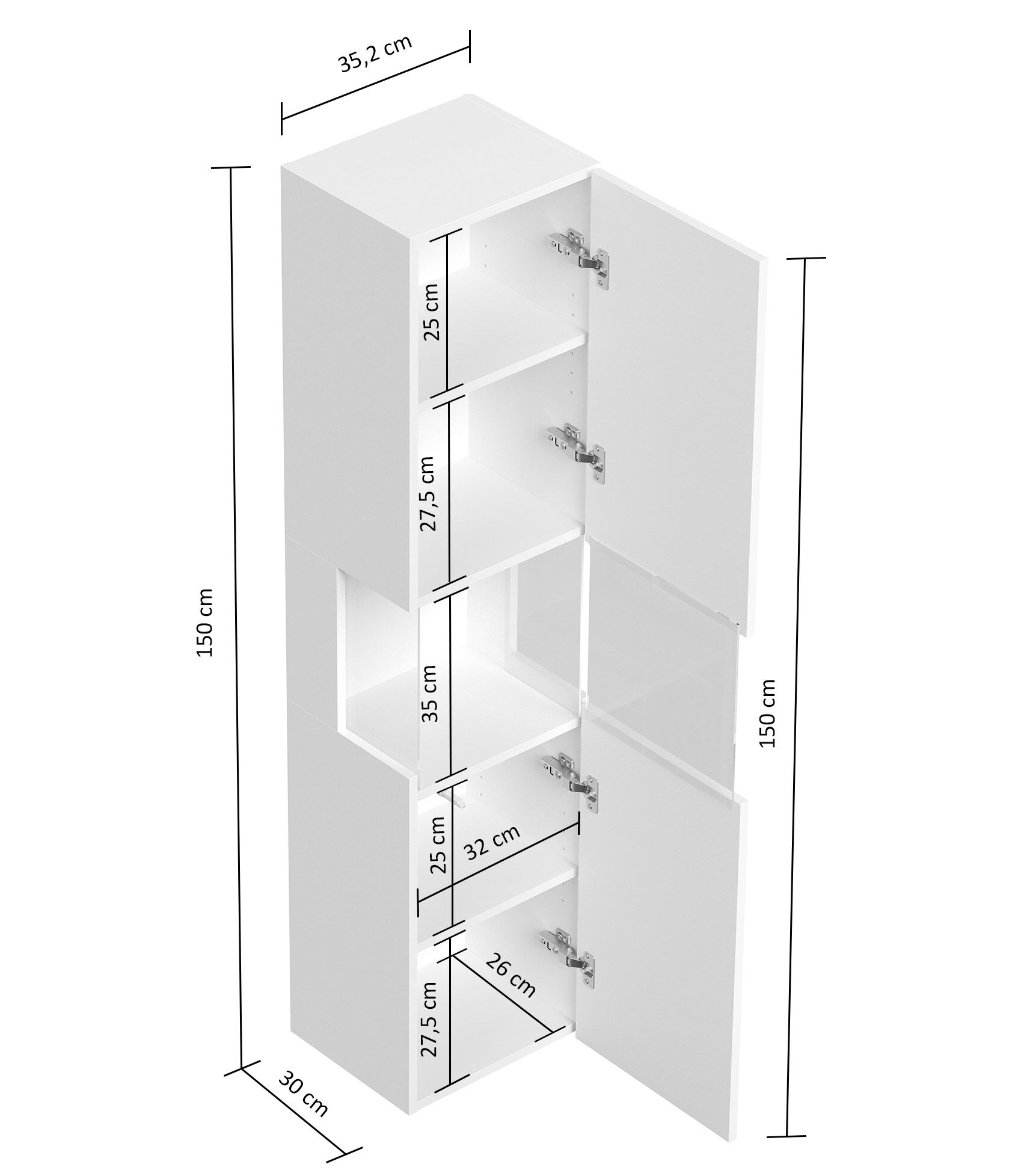 Design Badschrank Hochschrank 150cm Softclose Taifun Glaselement weiß Hgl | Weiss hochglanz