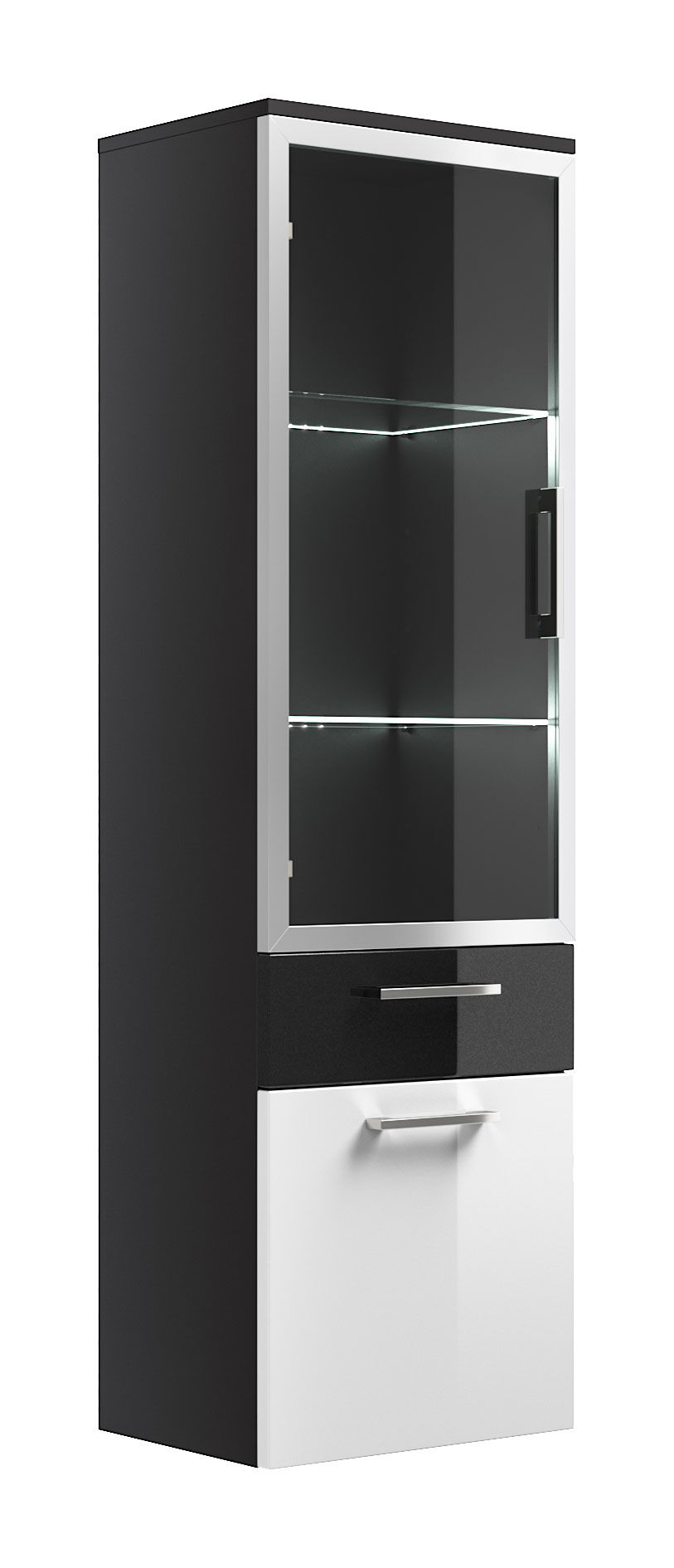 Hochschrank Rima 135 cm mit Glastür Weiss hochglanz/Grafit hochglanz